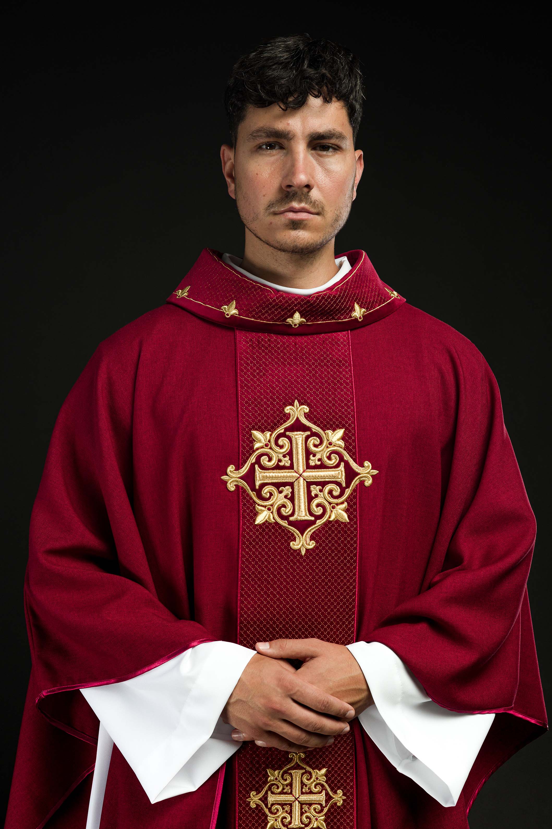 Chasuble with Velvet Red Band and Cross Embroidery - CHASUBLES.COM