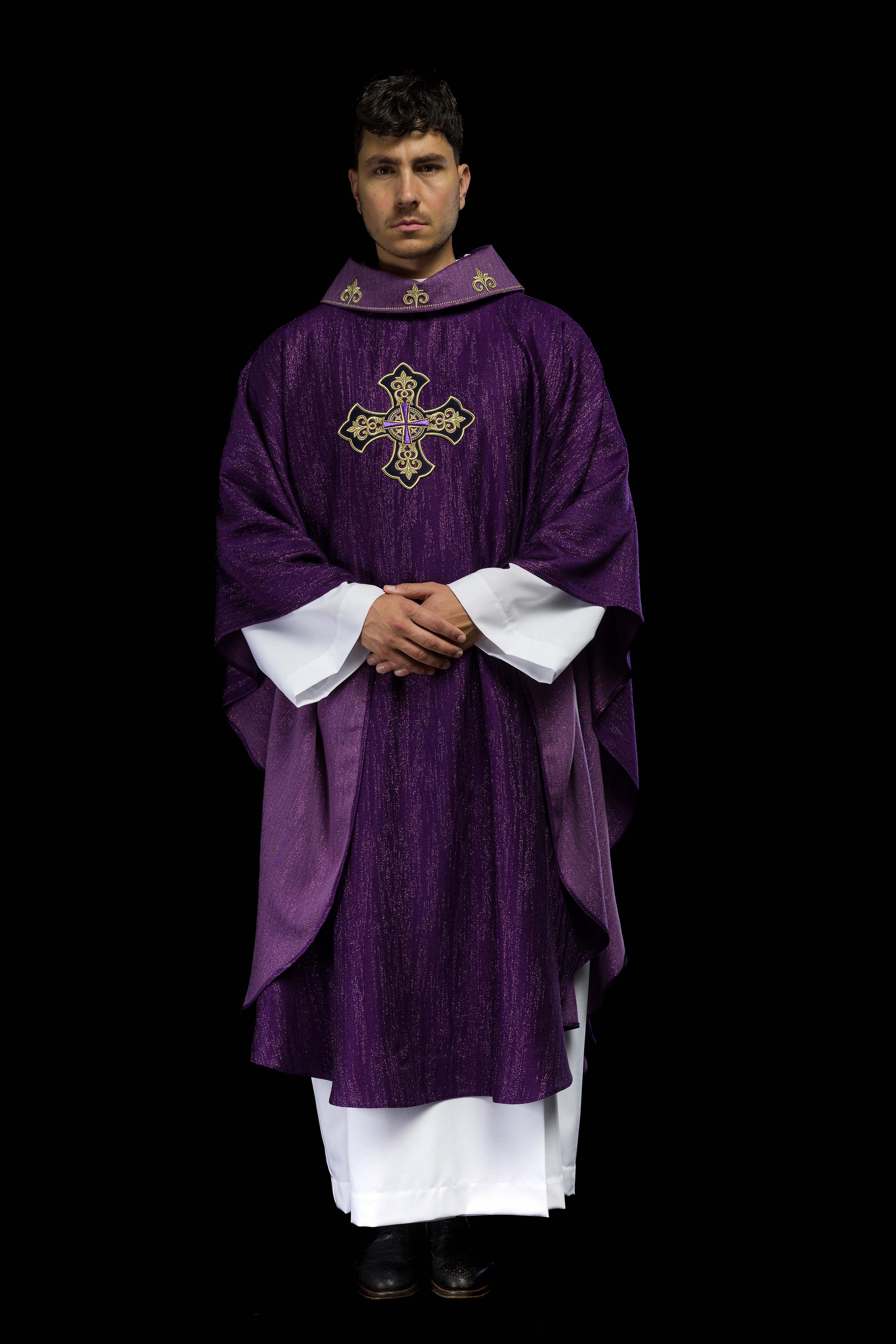 Purple Liturgical Chasuble with Embroidered Cross on Decorative Fabric