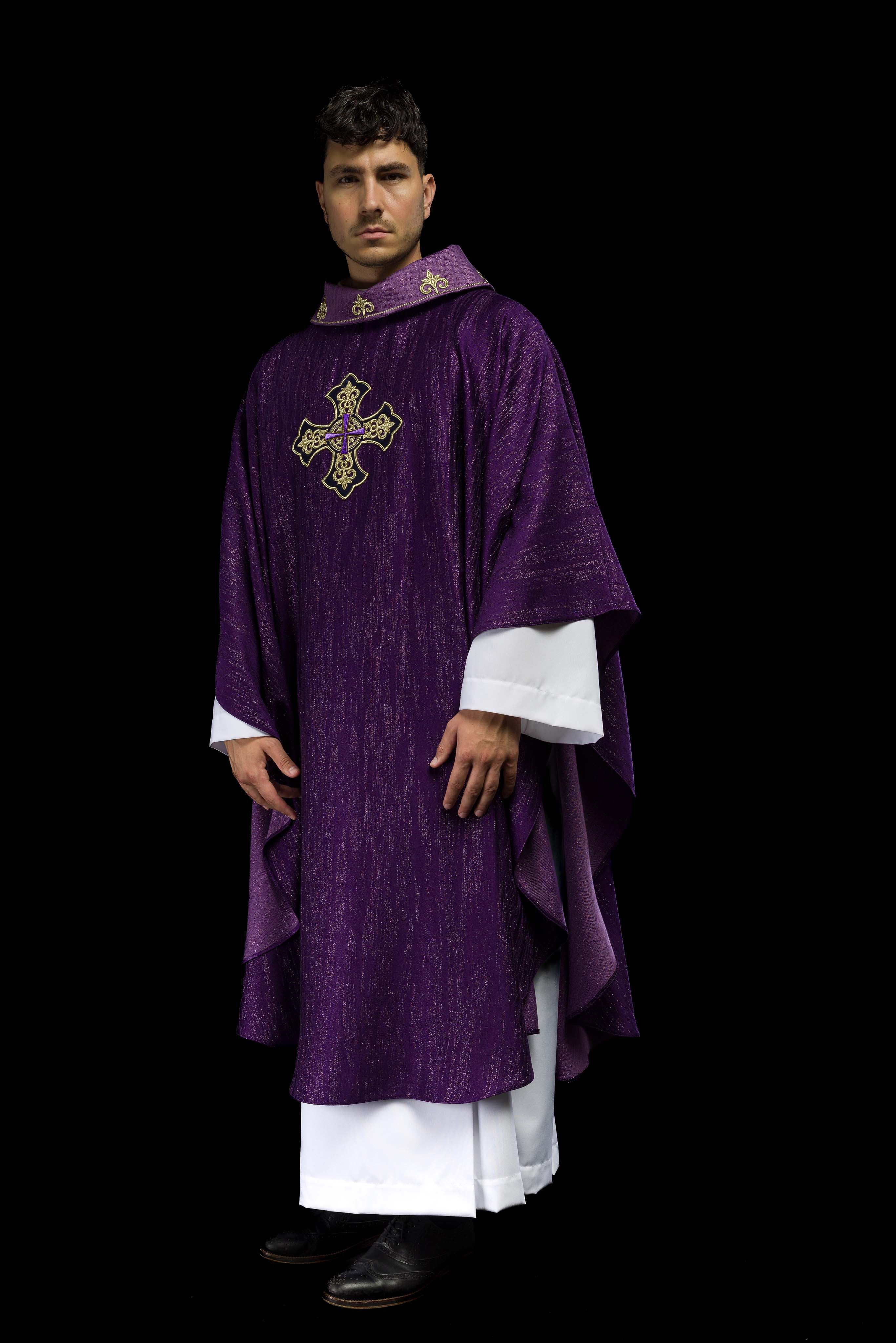Purple Liturgical Chasuble with Embroidered Cross on Decorative Fabric