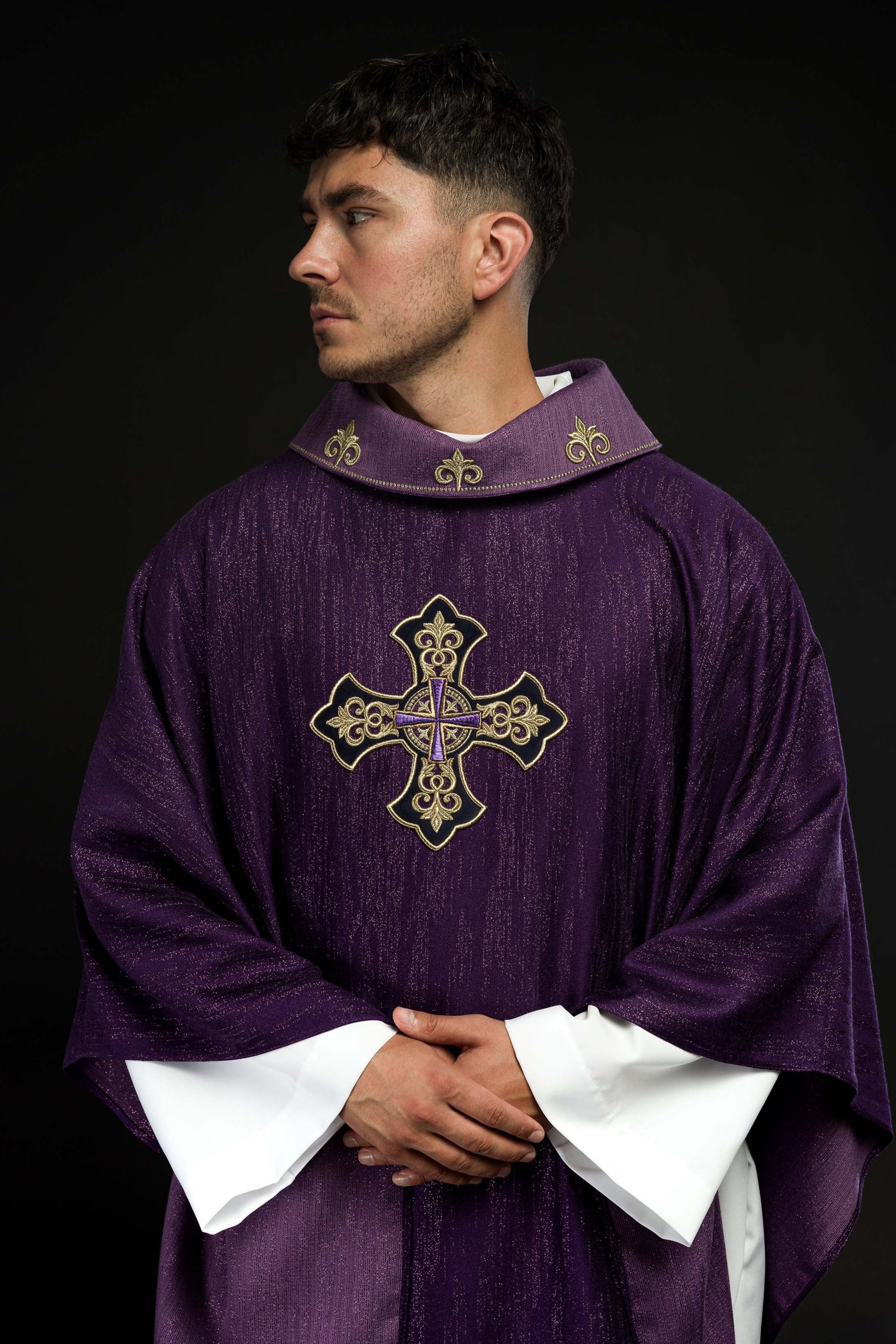 Purple Liturgical Chasuble with Embroidered Cross on Decorative Fabric