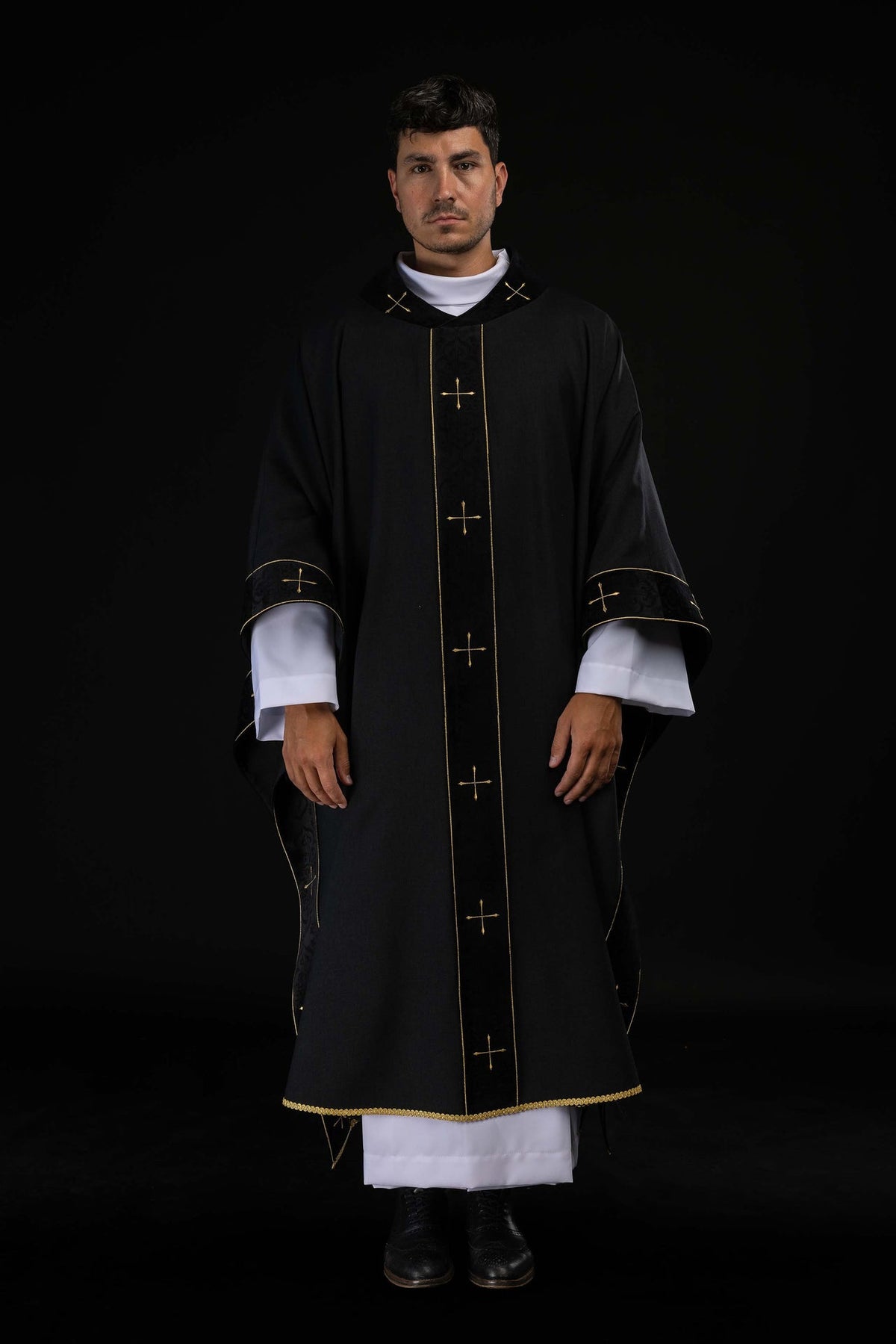Black Chasuble with Embroidered Orphrey and Cross-Patterned Collar
