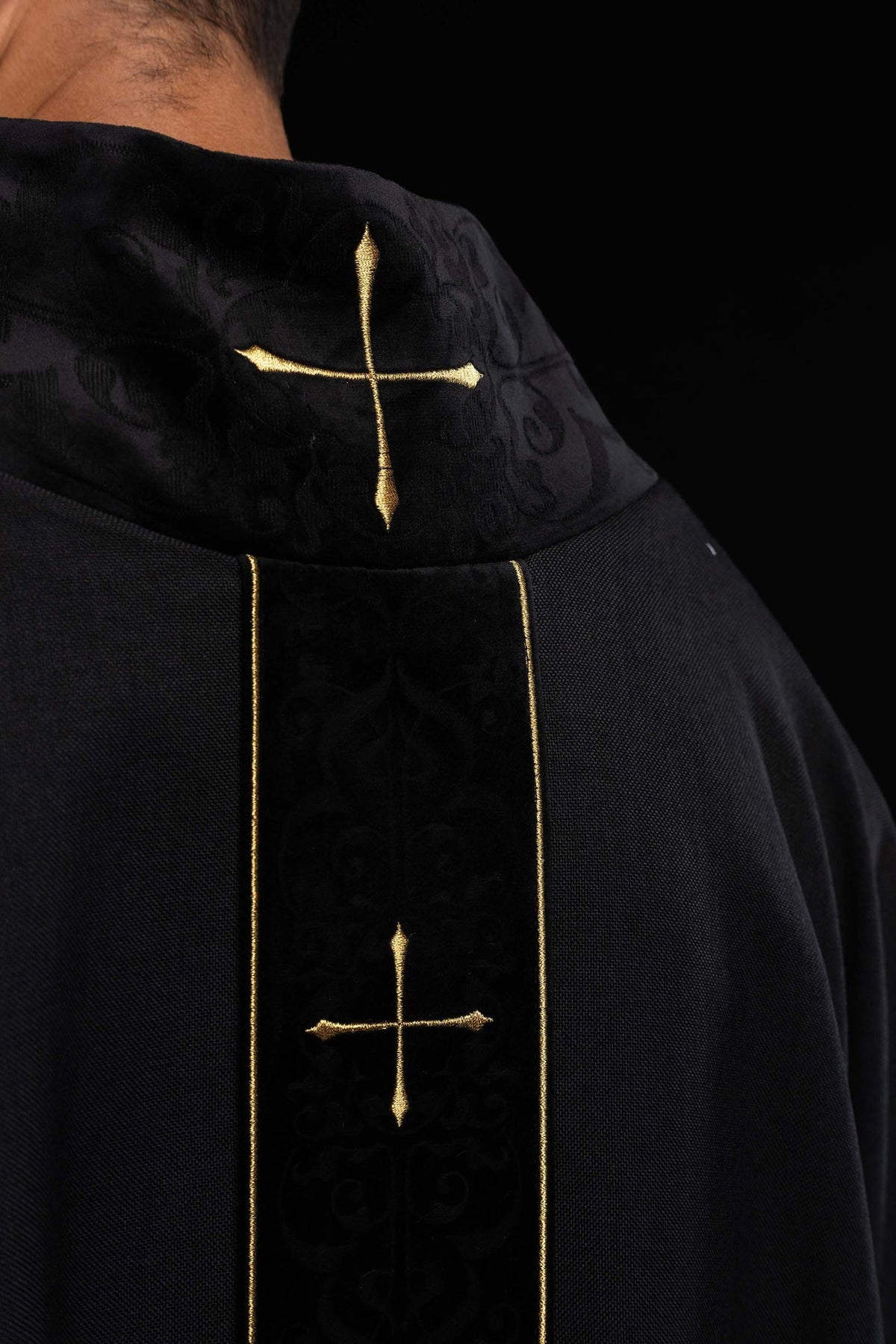 Black Chasuble with Embroidered Orphrey and Cross-Patterned Collar