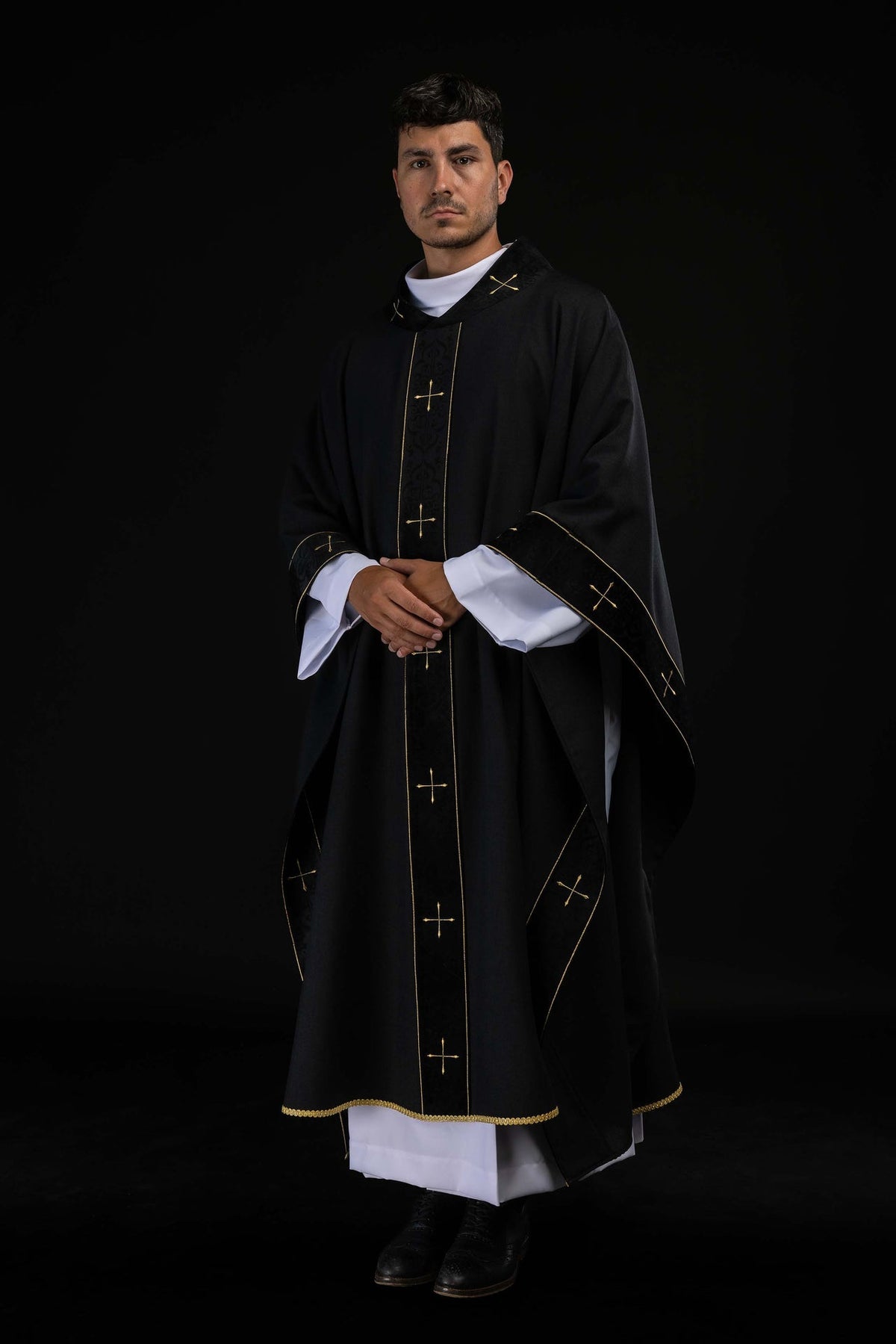 Black Chasuble with Embroidered Orphrey and Cross-Patterned Collar