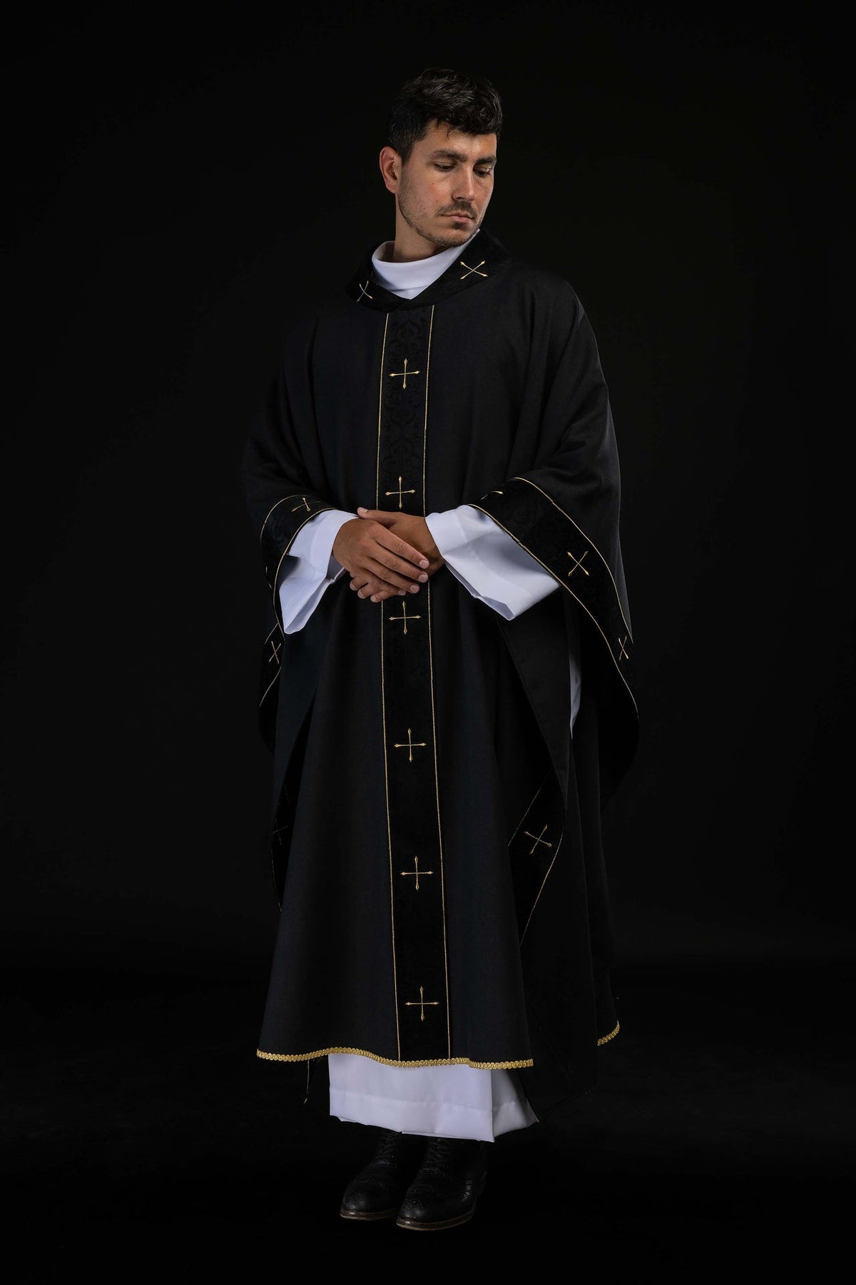 Black Chasuble with Embroidered Orphrey and Cross-Patterned Collar