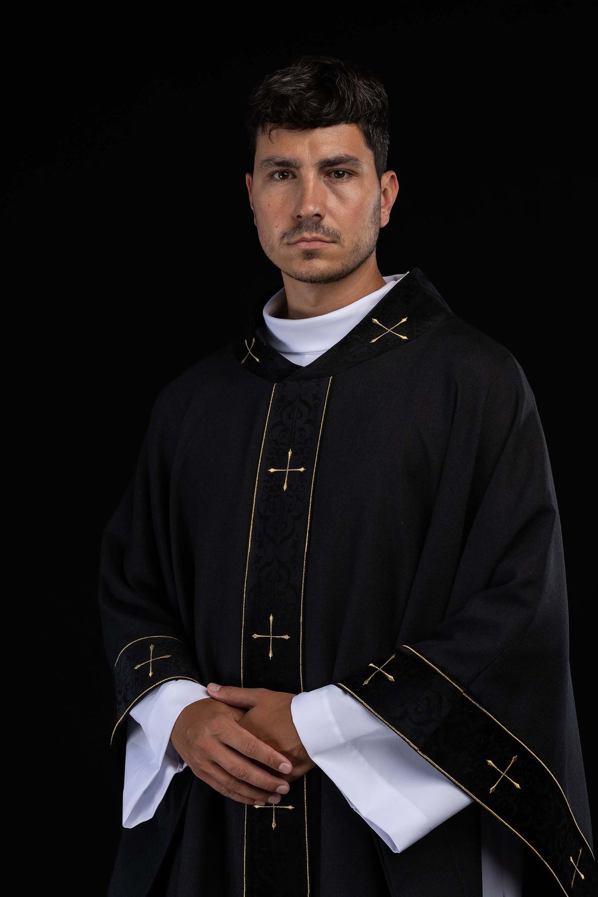 Black Chasuble with Embroidered Orphrey and Cross-Patterned Collar