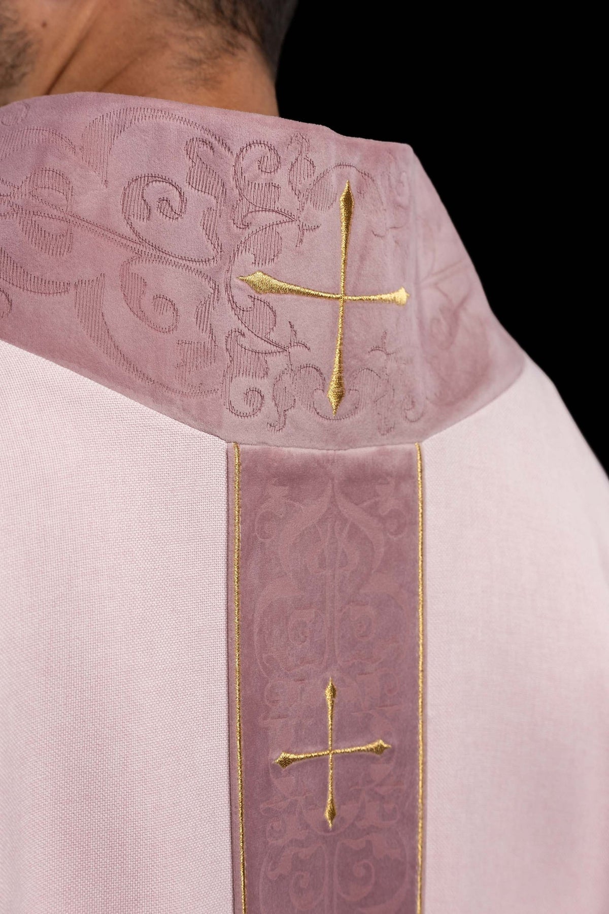 Rose Chasuble with Embroidered Orphrey and Cross-Patterned Collar