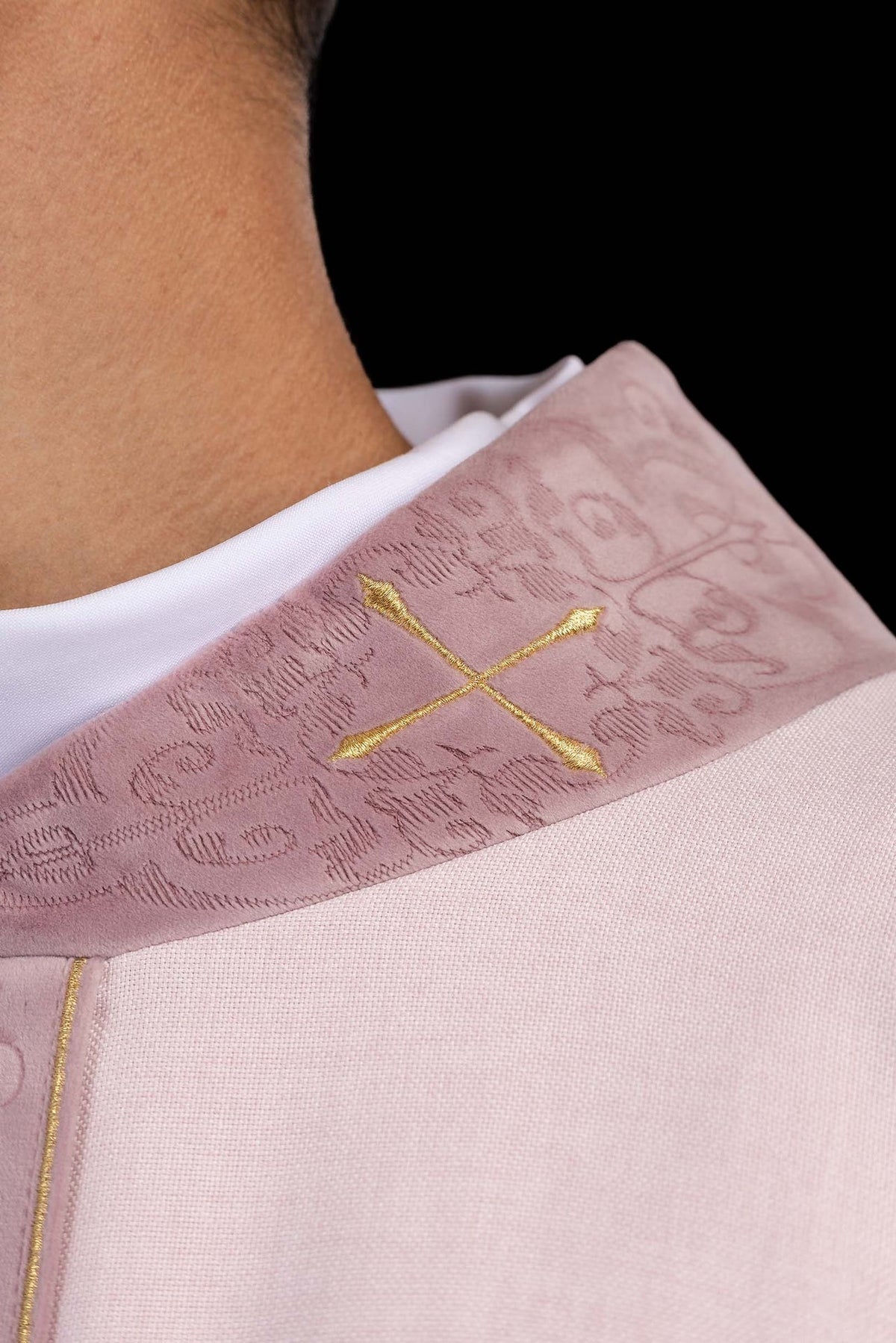 Rose Chasuble with Embroidered Orphrey and Cross-Patterned Collar
