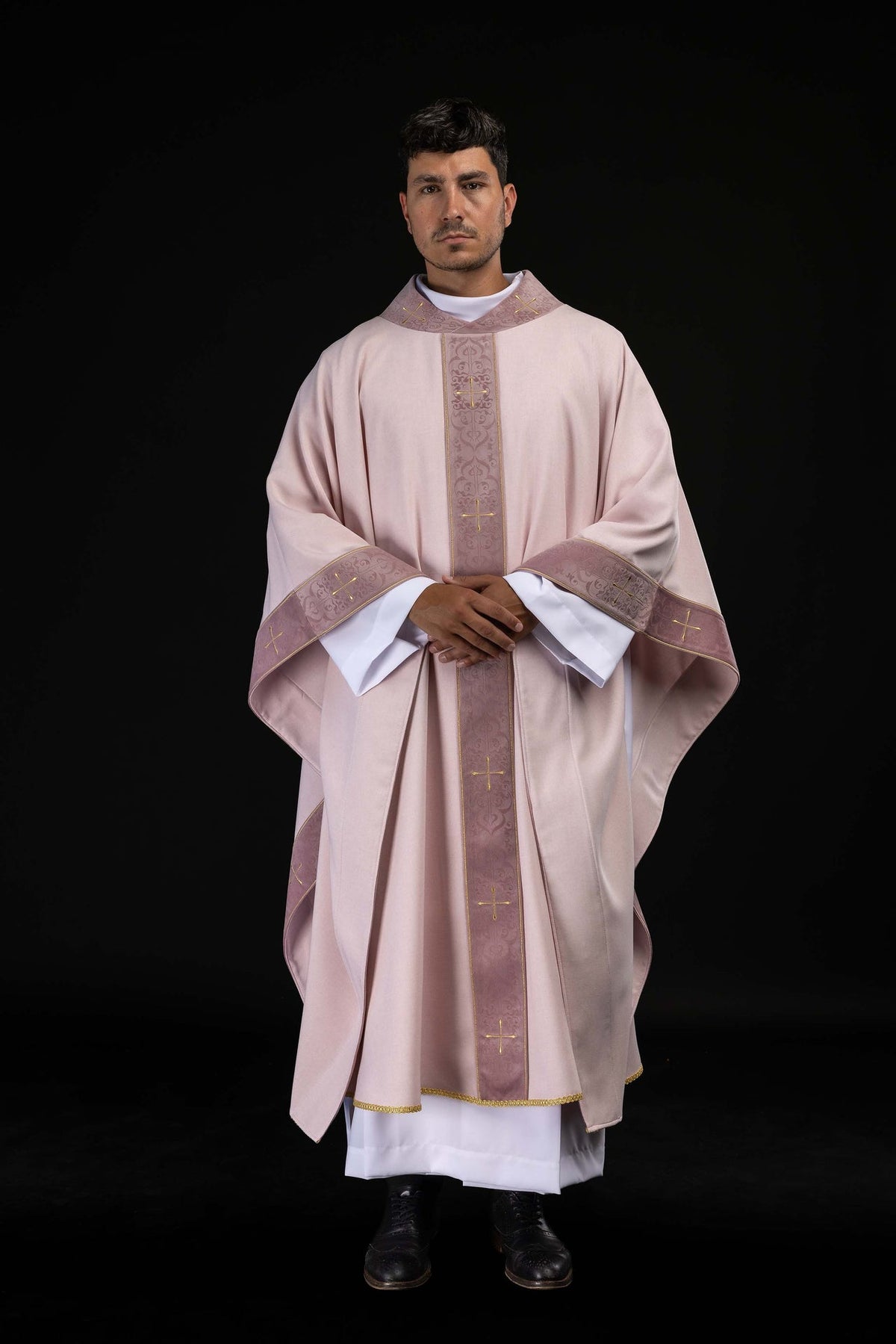 Rose Chasuble with Embroidered Orphrey and Cross-Patterned Collar