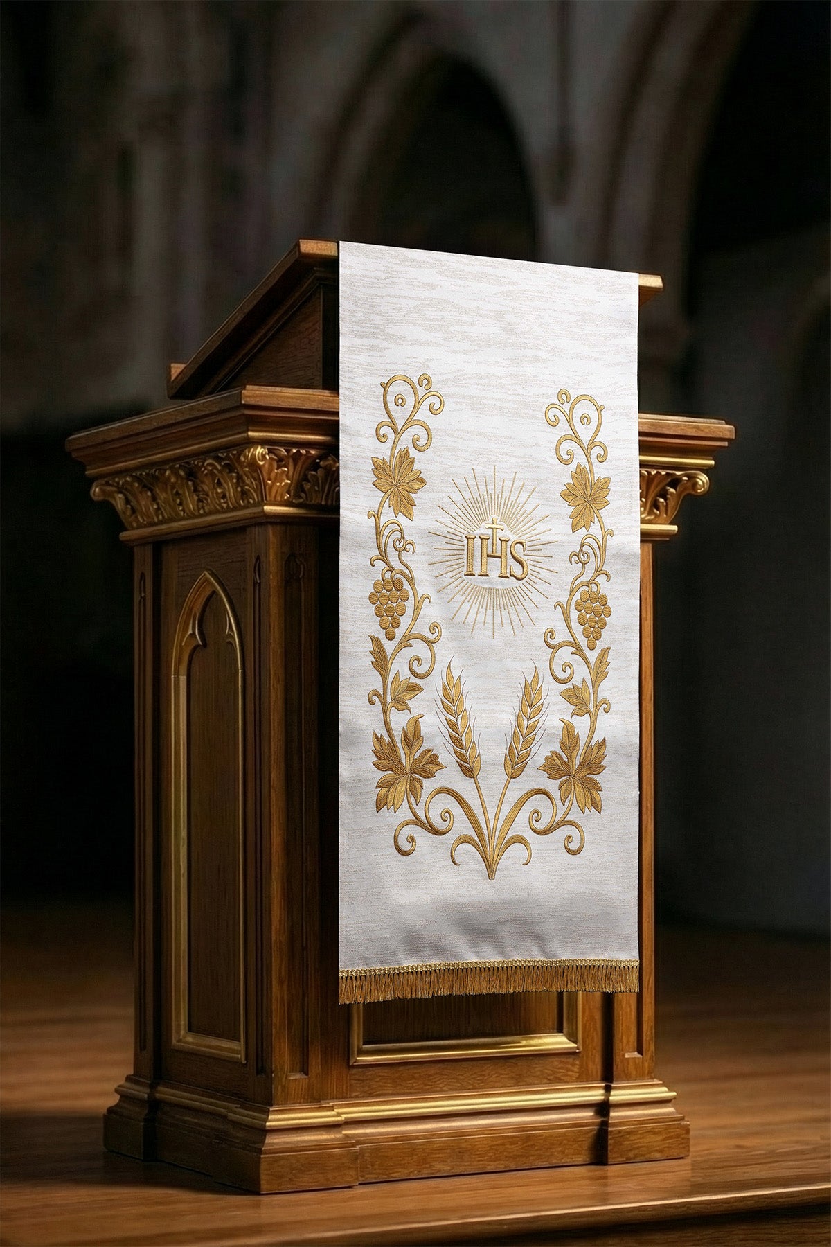 Richly Embroidered Ecru Lectern Cloth with IHS Christogram