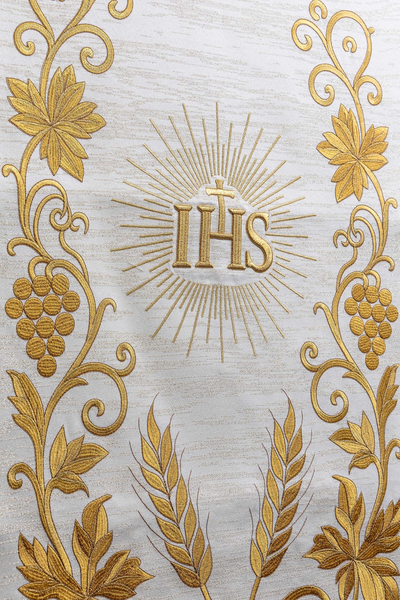 Richly Embroidered Ecru Lectern Cloth with IHS Christogram