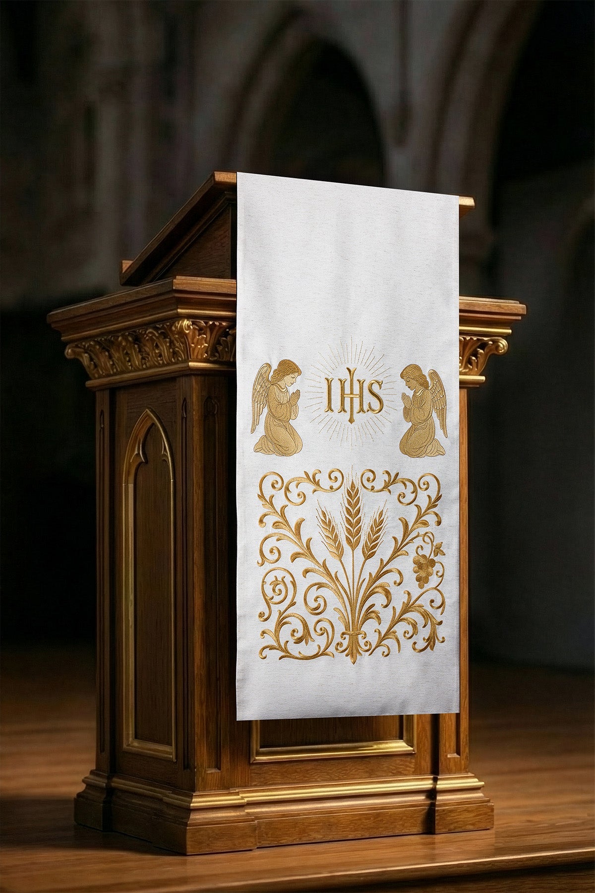 Richly embroidered IHS lectern cloth in ecru - CHASUBLES.COM