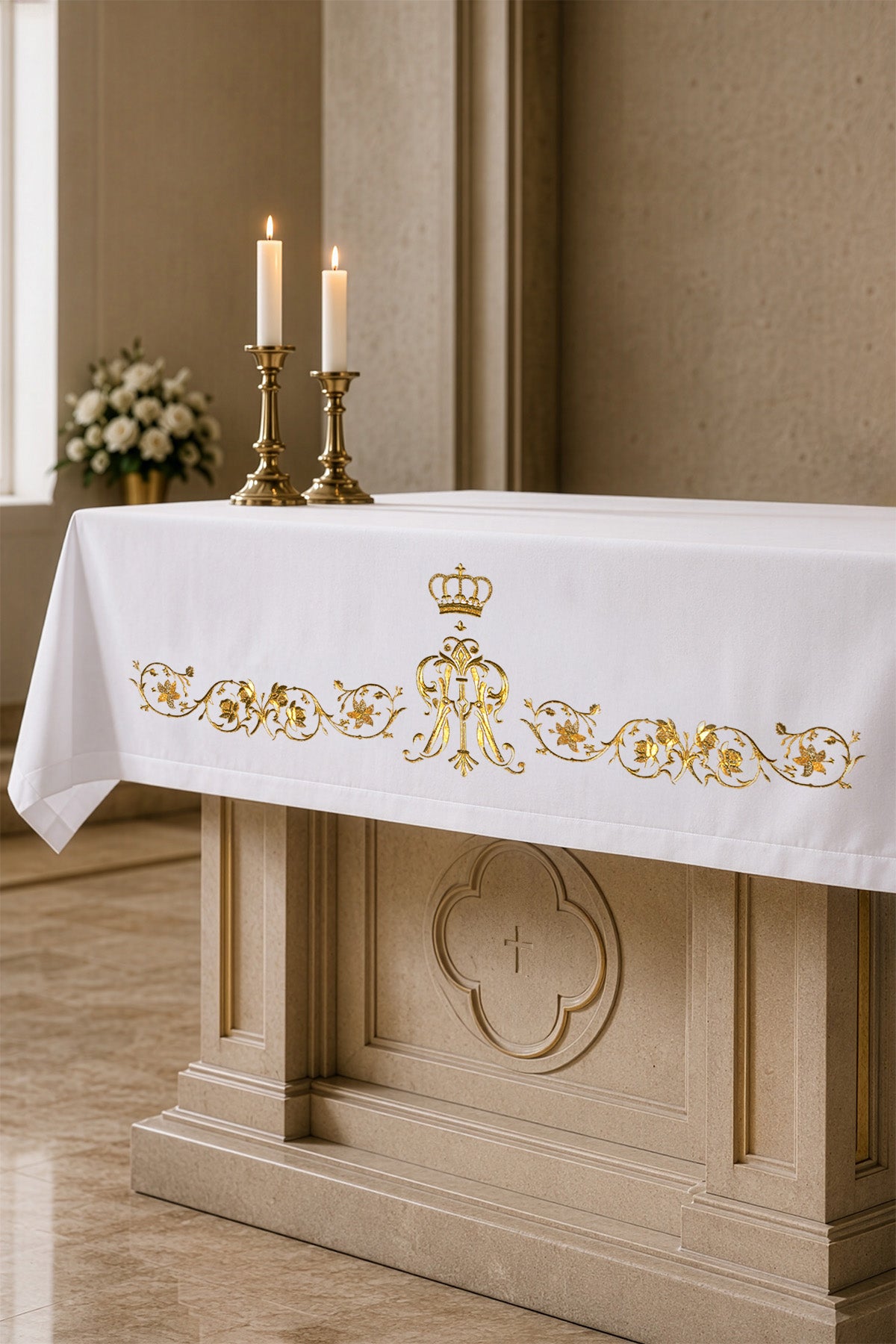 Altar cloth with an embroidered Marian symbol