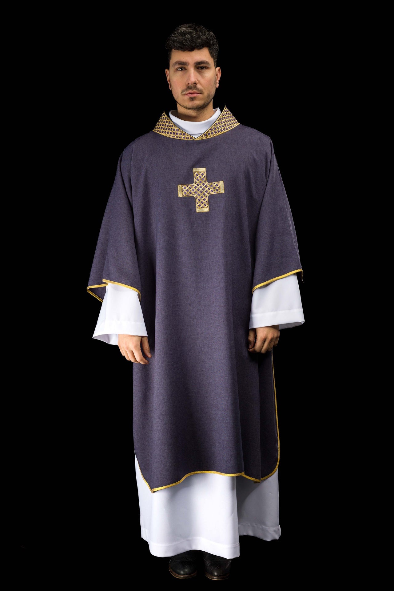 Purple dalmatic with embroidered crosses and collar - CHASUBLES.COM