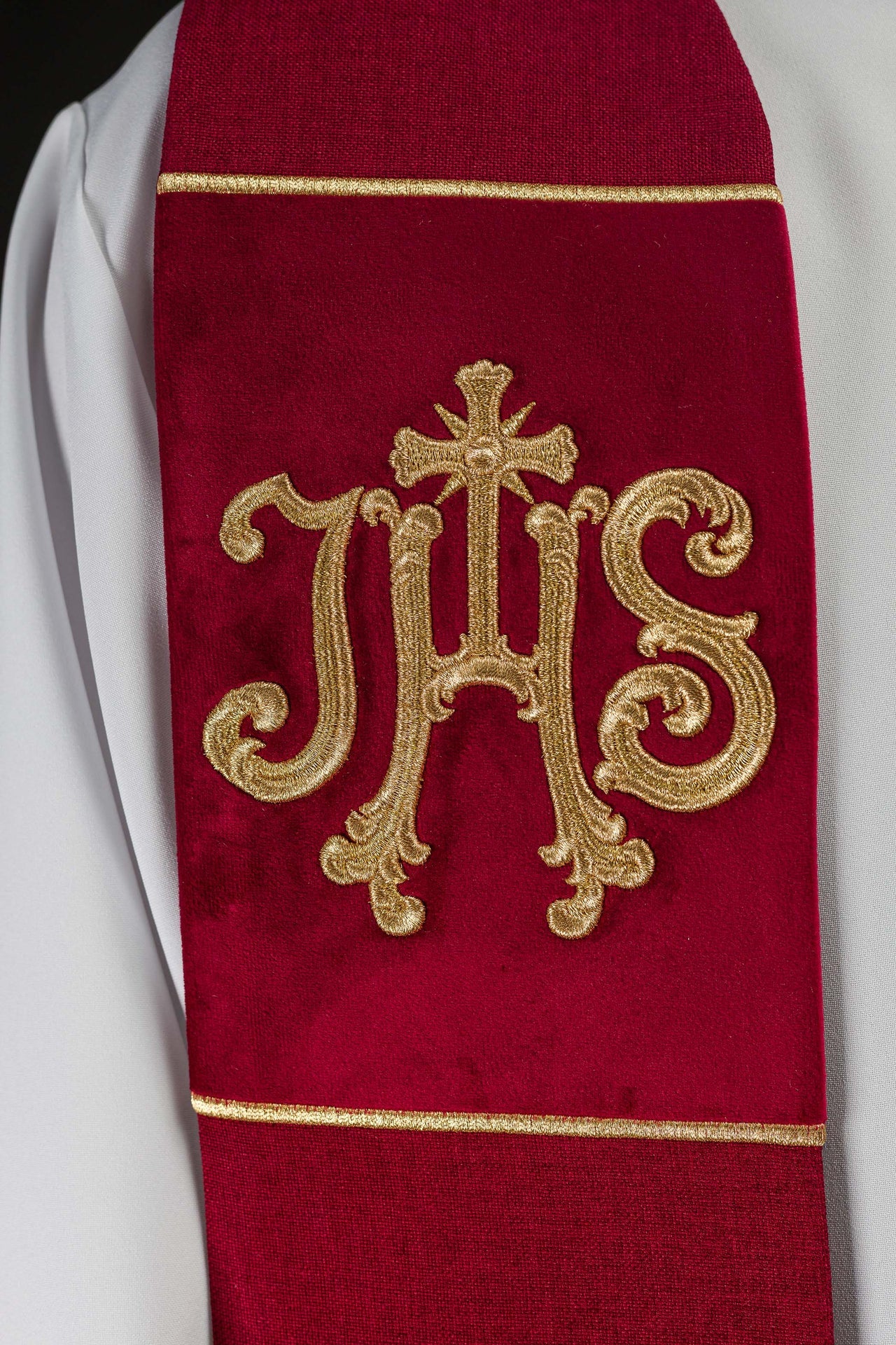 Velvet Embroidered Stole with IHS Motif in Red