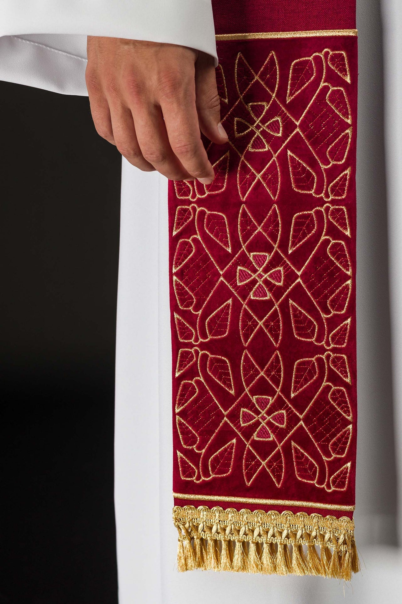Velvet Embroidered Stole with IHS Motif in Red