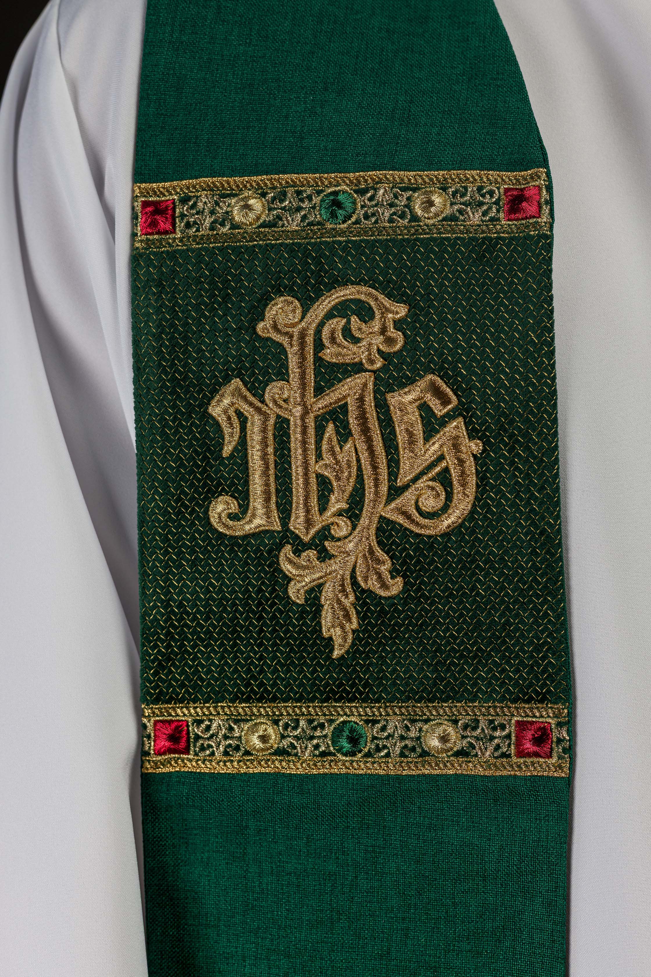Green embroidered stole with IHS motif