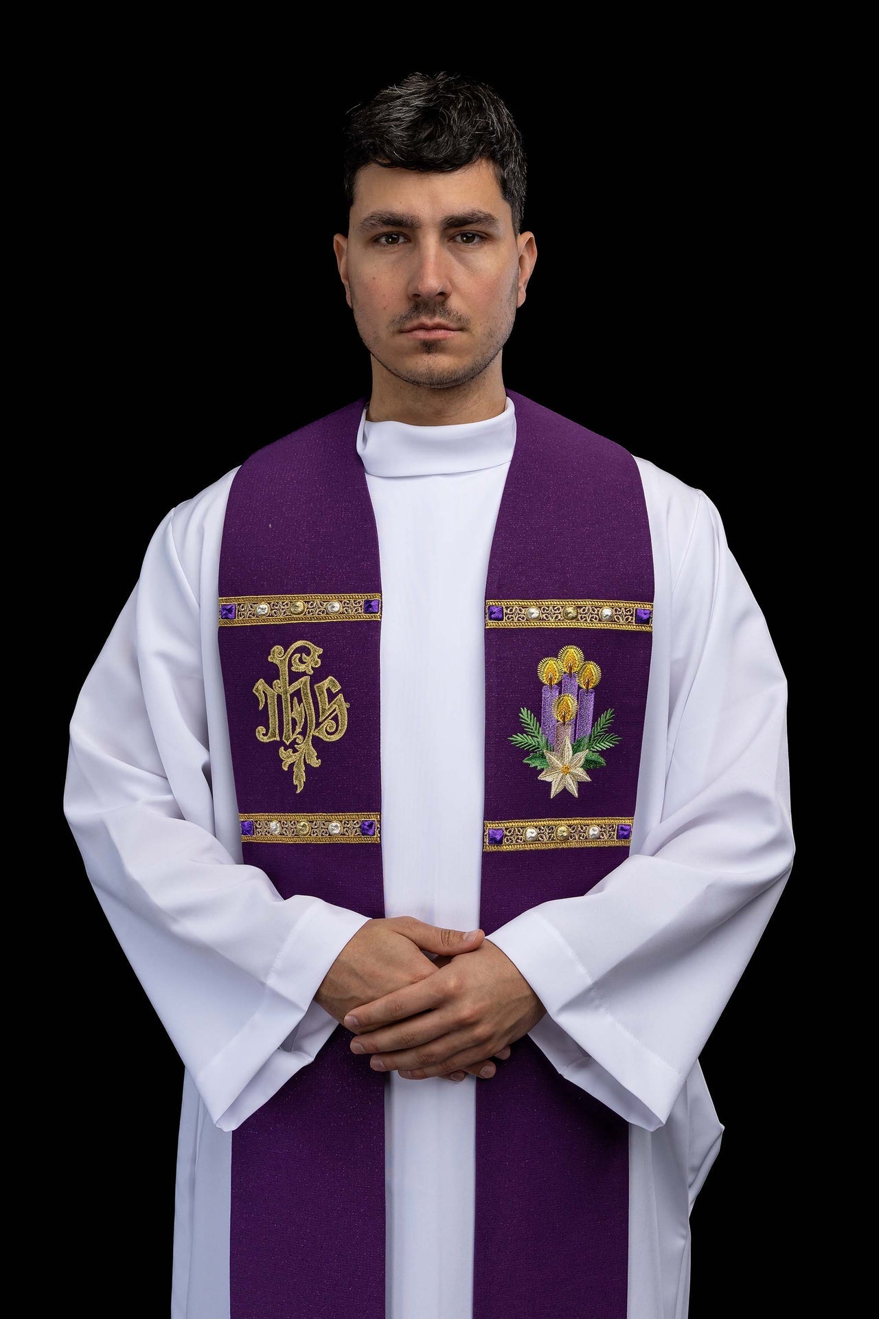 Embroidered Advent stole sewn from shiny fabric