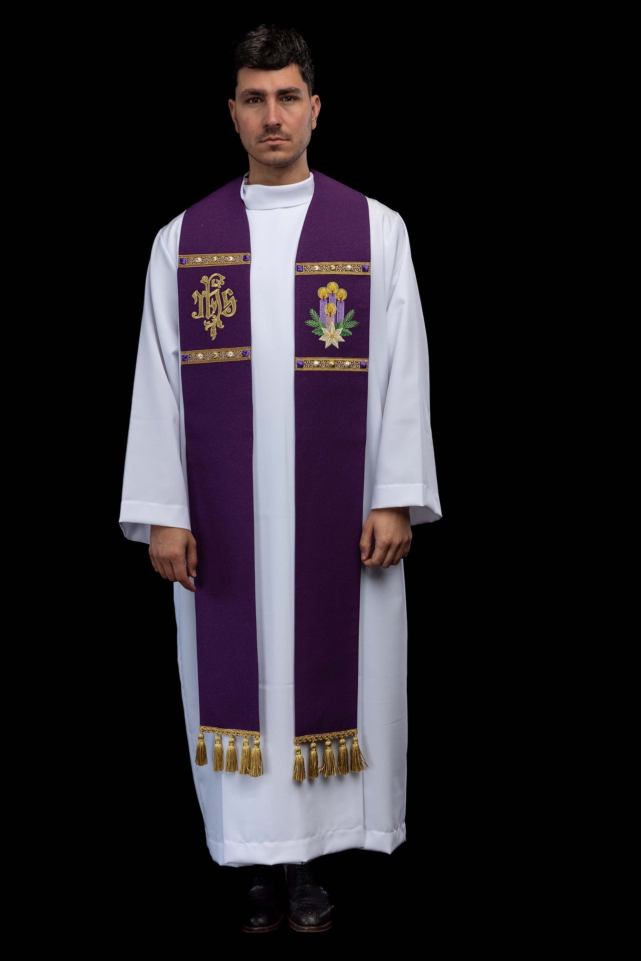 Embroidered Advent stole sewn from shiny fabric