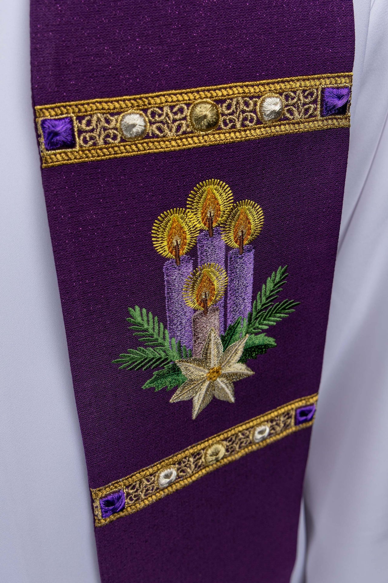 Embroidered Advent stole sewn from shiny fabric