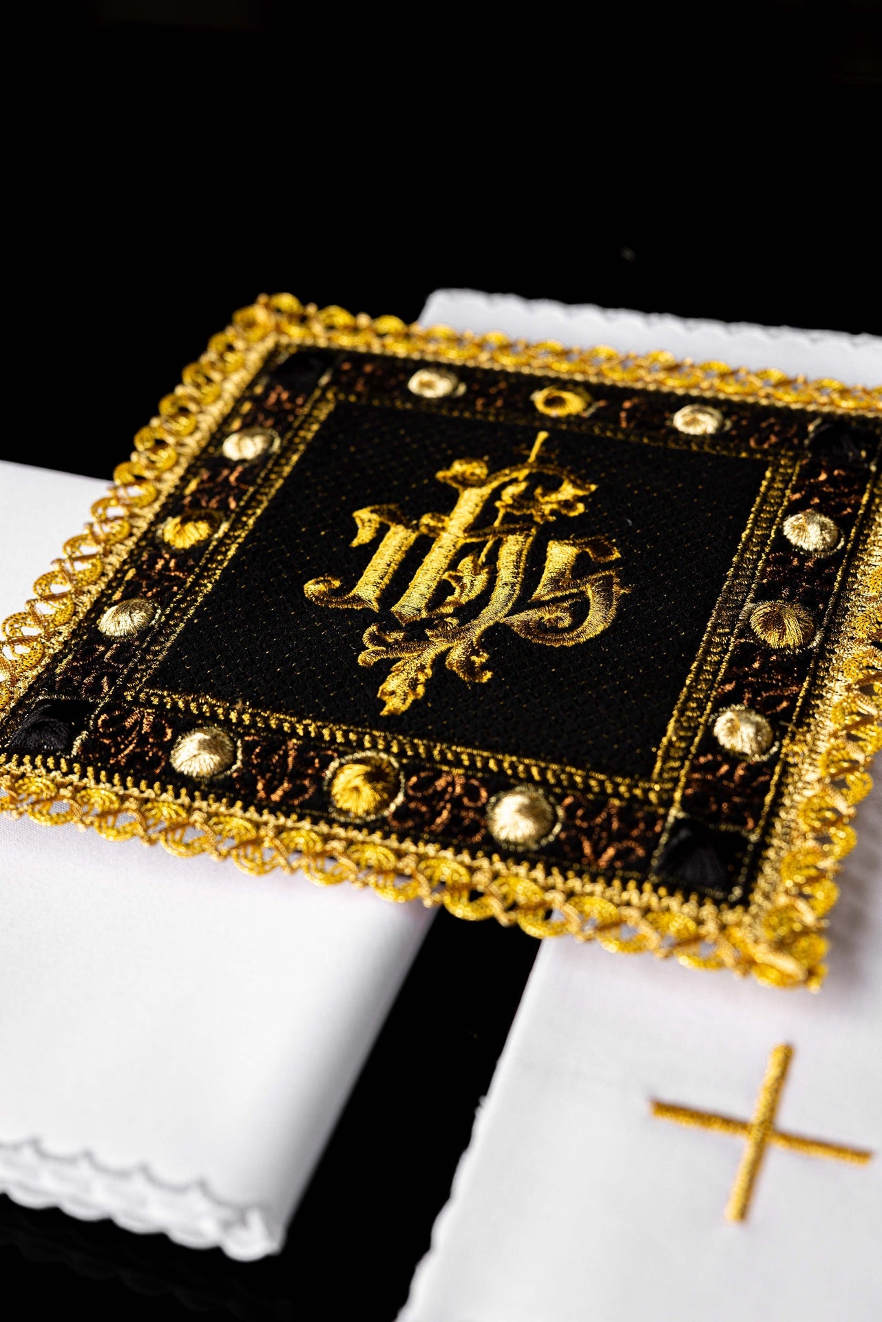 Black velvet chalice linens set with an embroidered IHS symbol