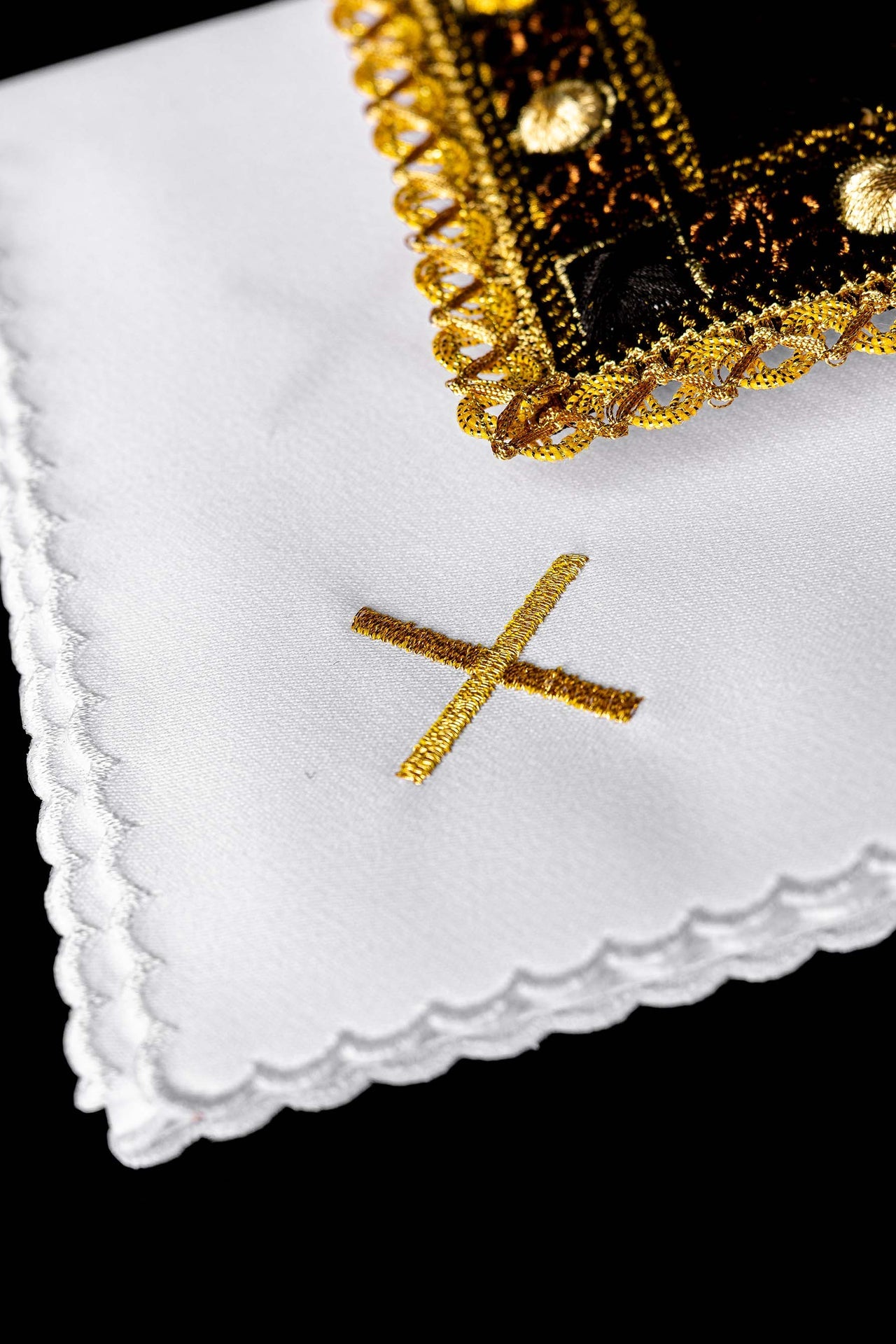 Black velvet chalice linens set with an embroidered IHS symbol