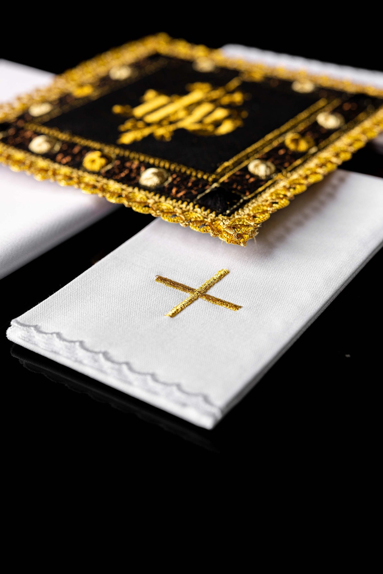 Black velvet chalice linens set with an embroidered IHS symbol