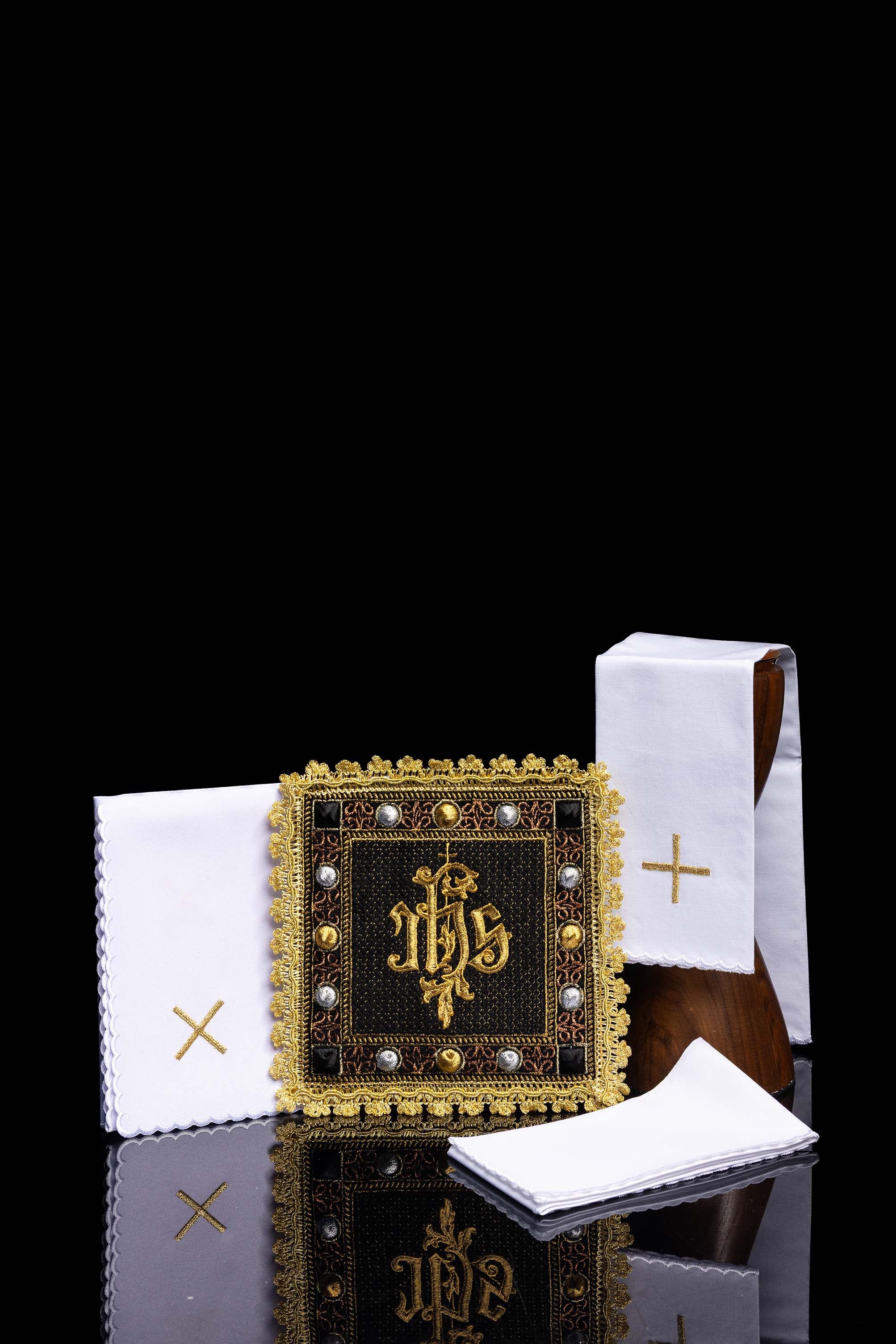 Black velvet chalice linens set with an embroidered IHS symbol - CHASUBLES.COM