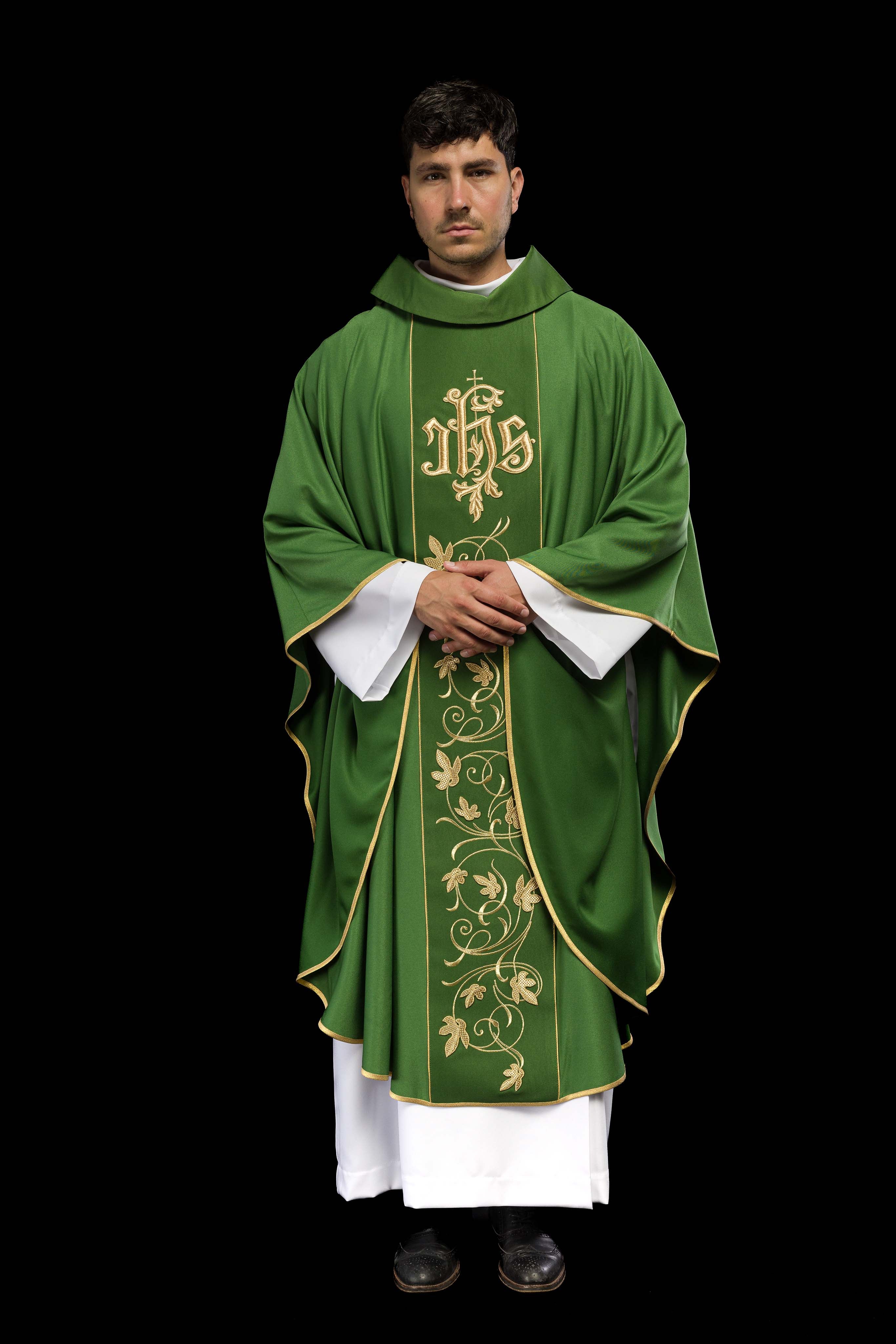 Green classic JHS embroidered chasuble - CHASUBLES.COM