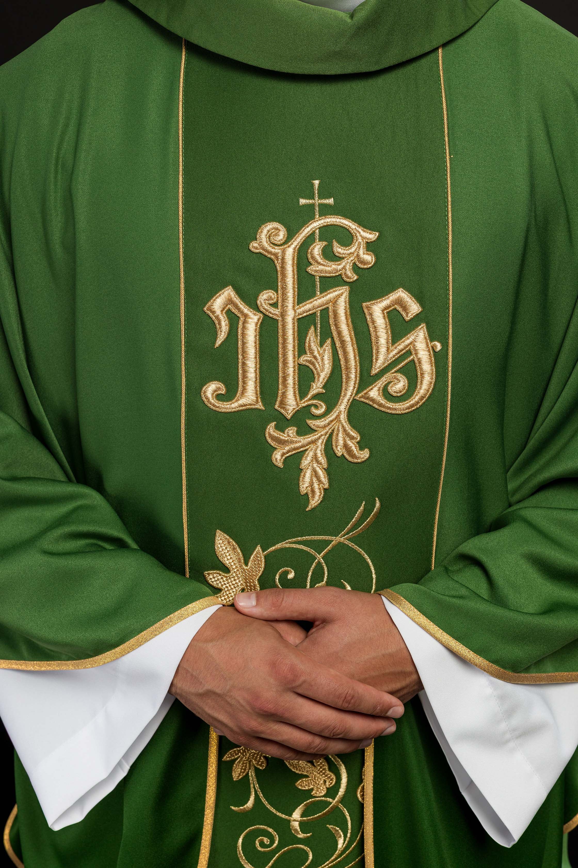 Green classic JHS embroidered chasuble - CHASUBLES.COM