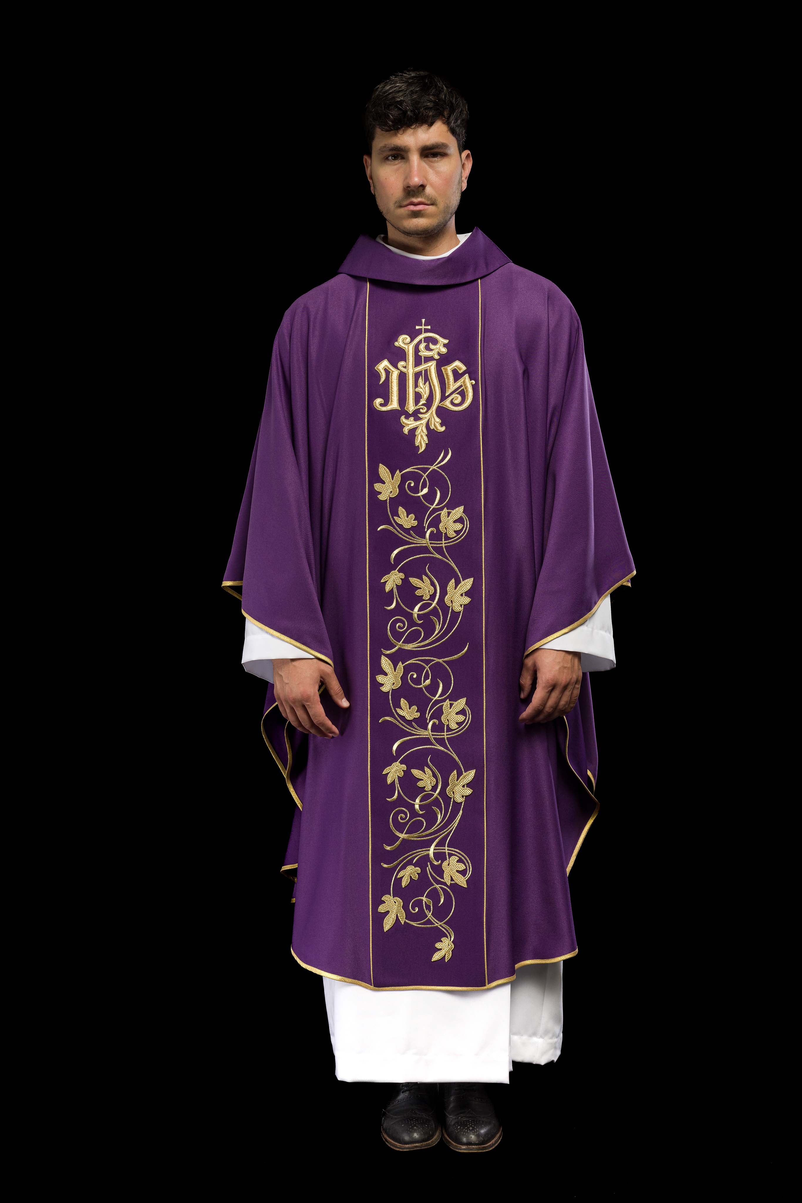 Purple liturgical chasuble with richly decorated belt with floral motif and IHS - CHASUBLES.COM