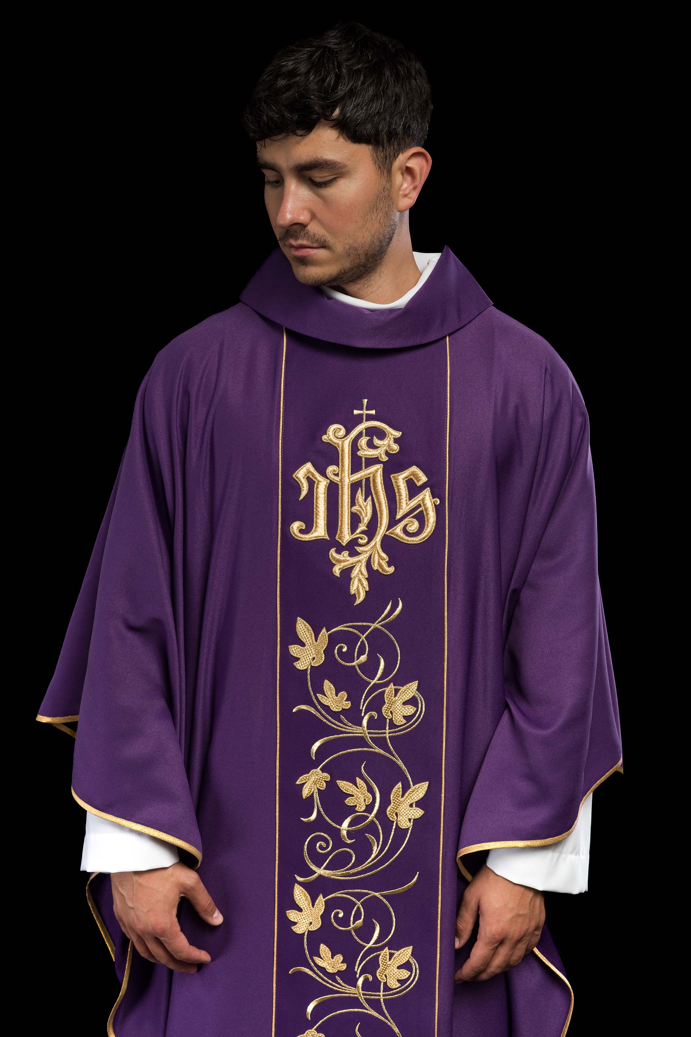 Purple liturgical chasuble with richly decorated belt with floral motif and IHS - CHASUBLES.COM