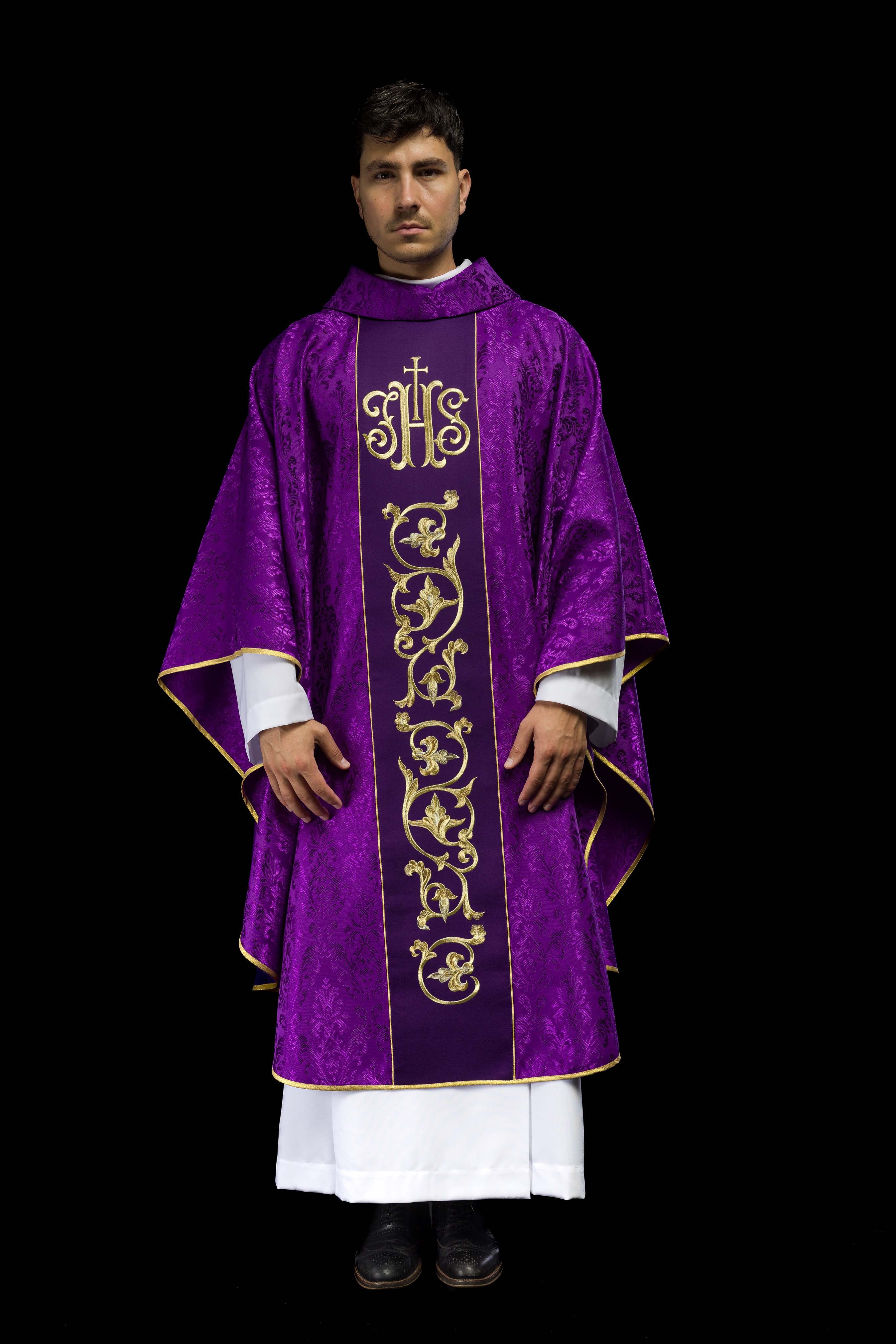 Purple chasuble made of jacquard texture with classic JHS motif - CHASUBLES.COM