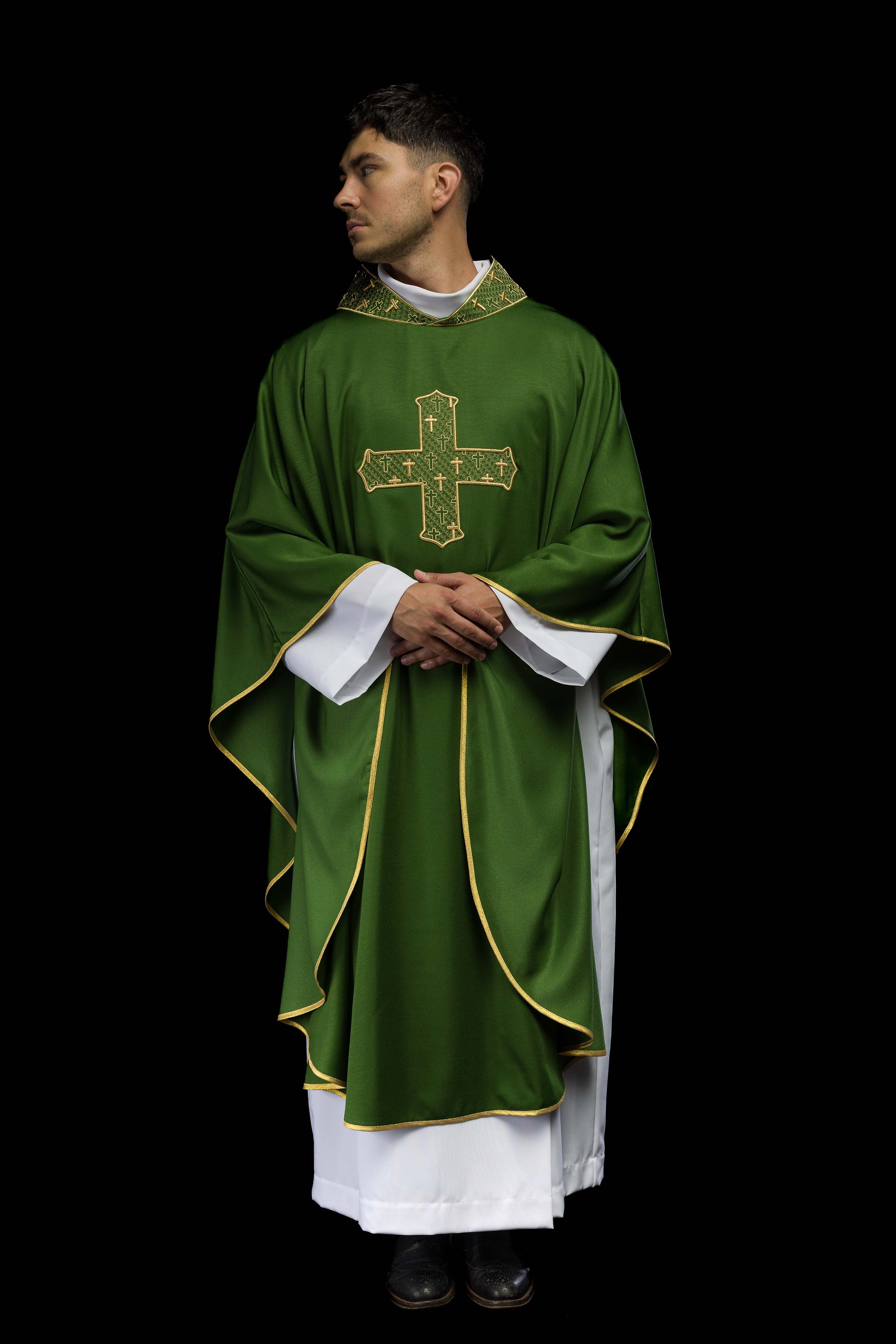 Chasuble with richly embroidered cross and collar in green