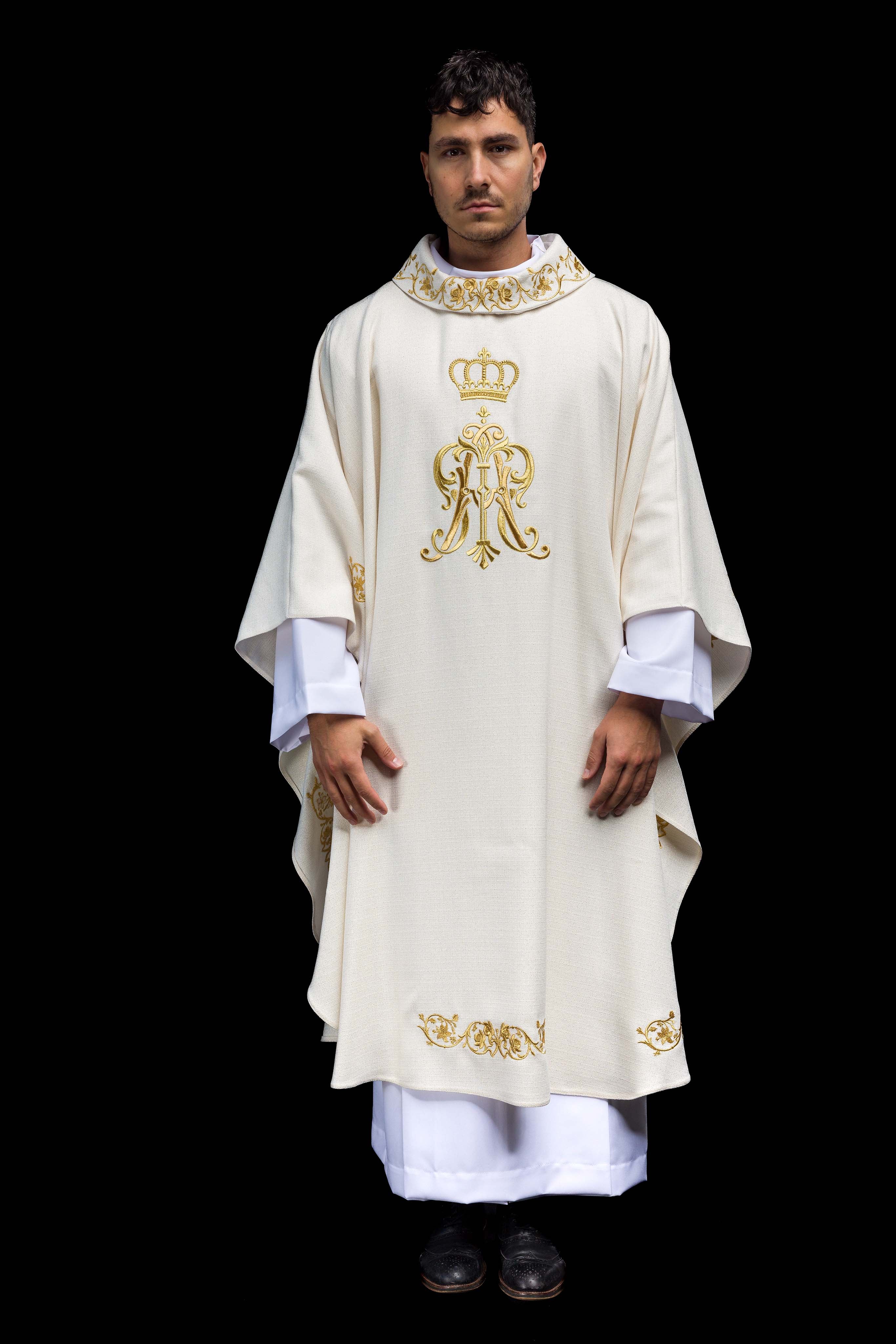 Liturgical chasuble with embroidered Maria Crown motif