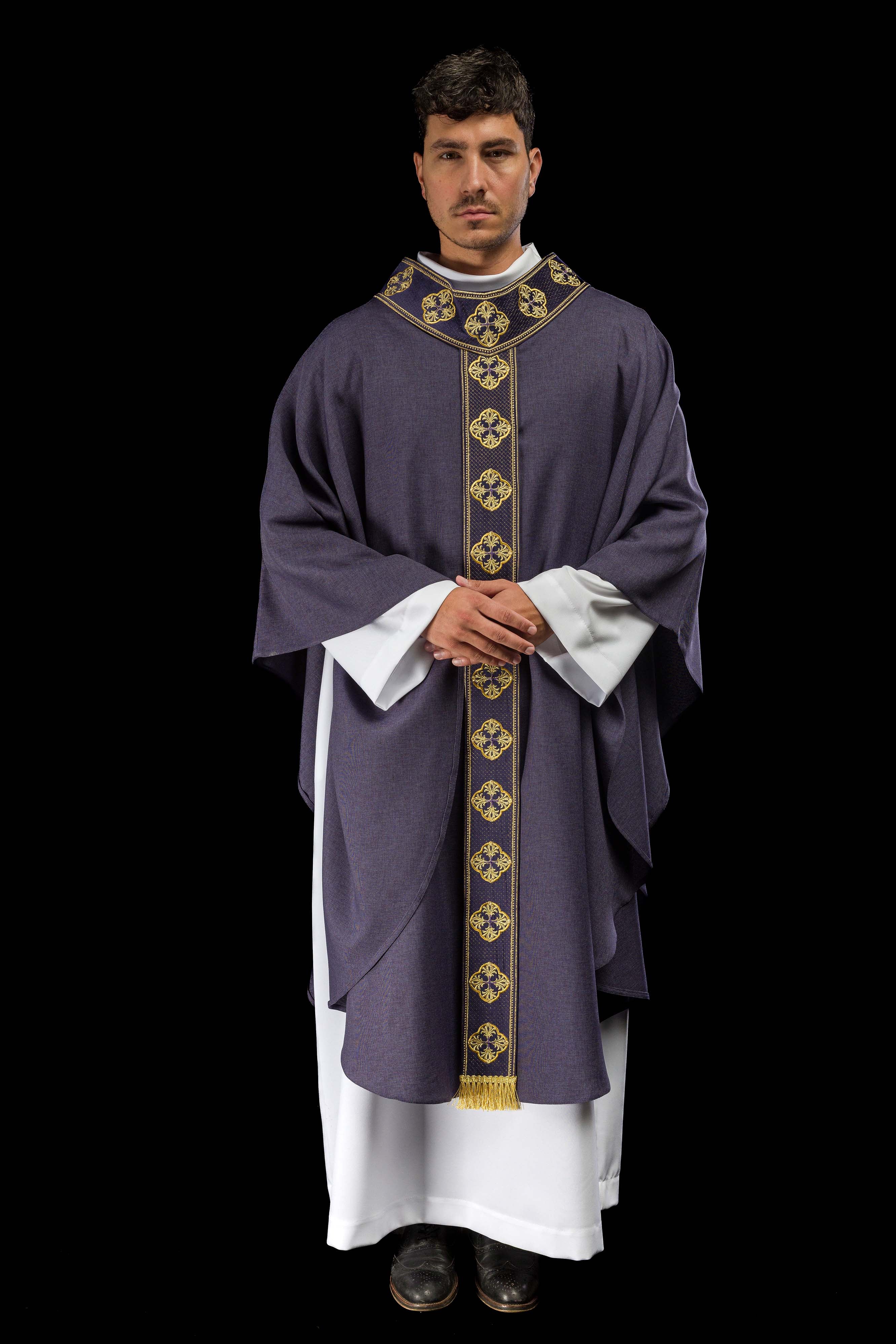 Purple priest chasuble with slim orphrey