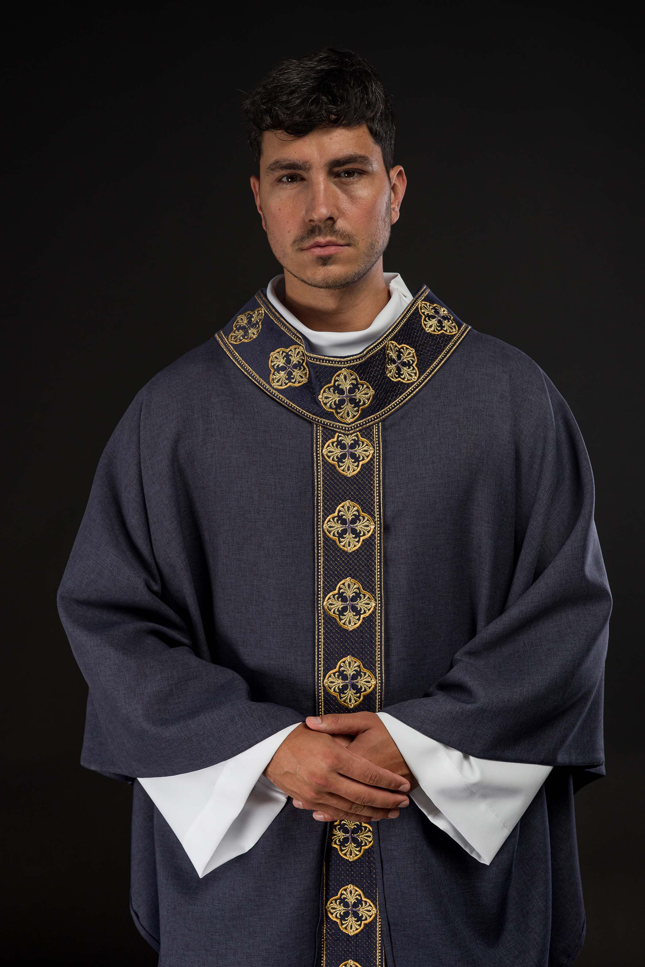 Purple priest chasuble with slim orphrey