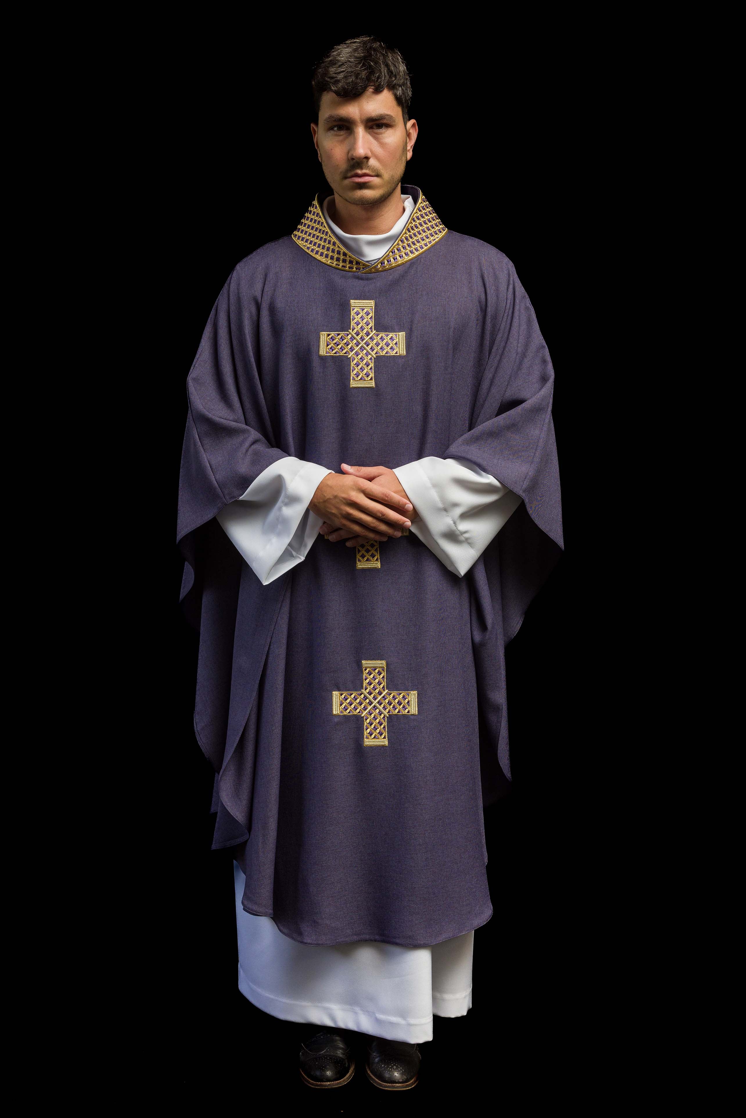 Dark purple chasuble with embroidered crosses