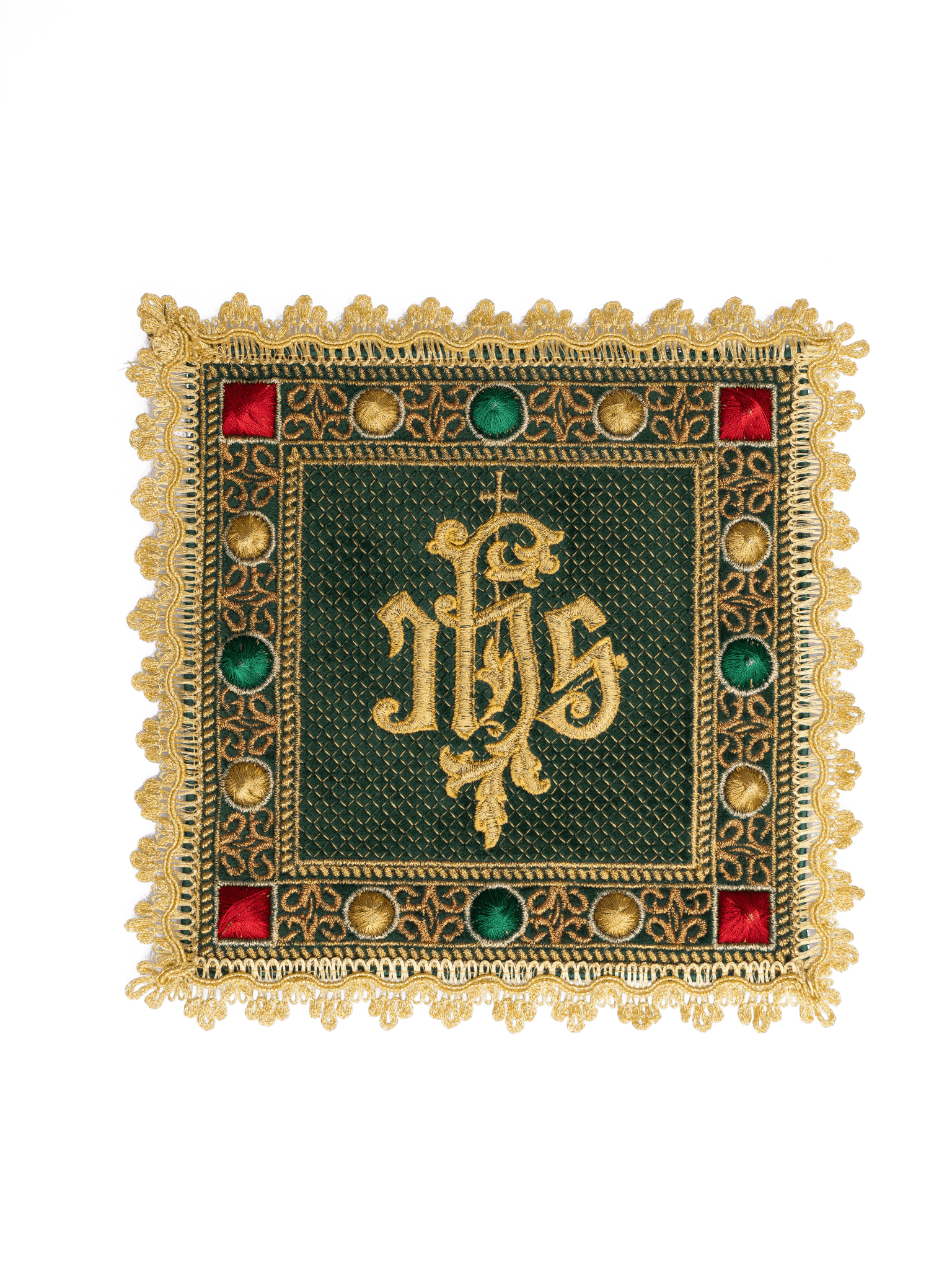 A velvet chalice set in green color with an embroidered IHS symbol S - 5067 - C1 - HAFTINAUSA.COM