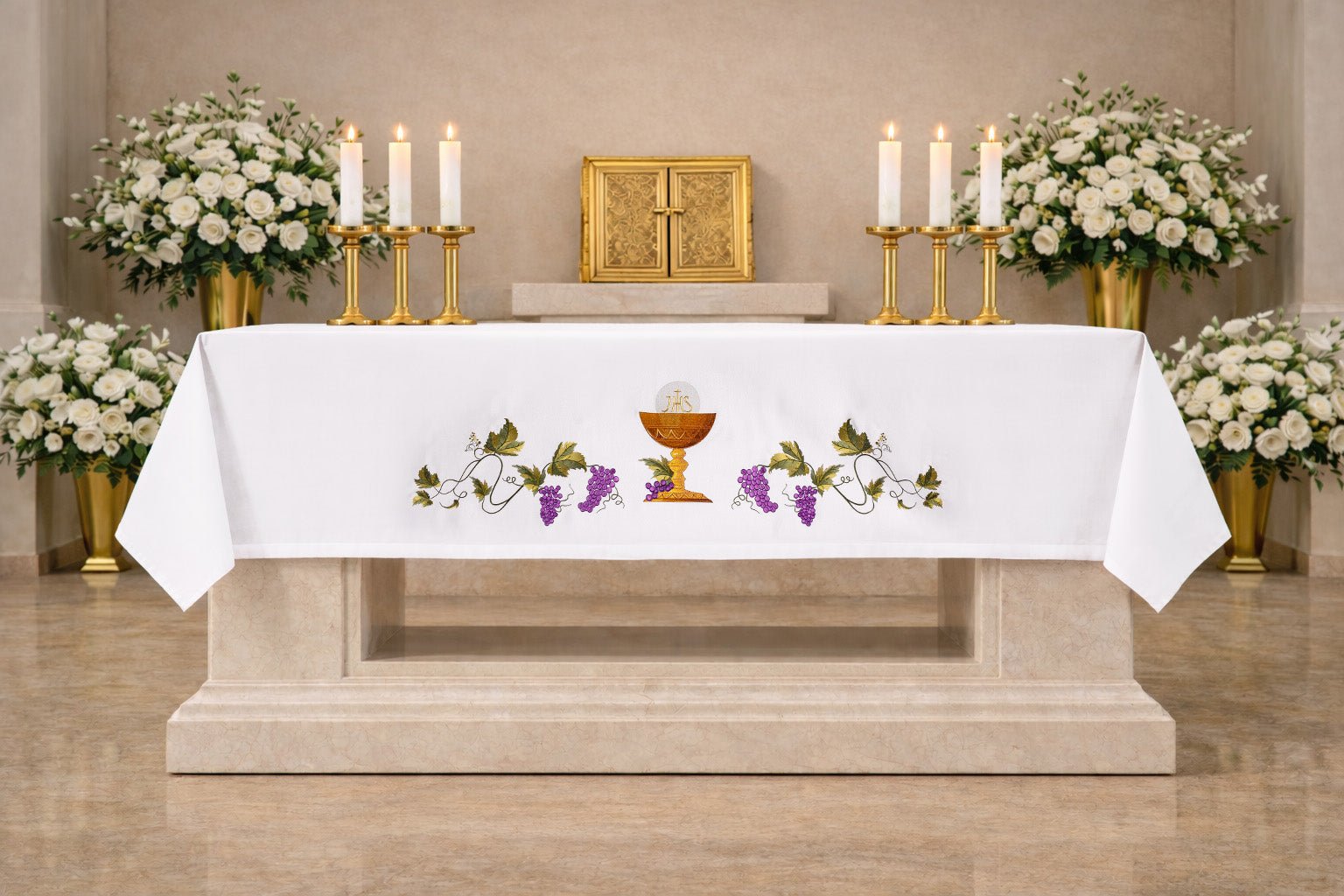 Altar cloth with an embroidered chalice symbol S-8852-04 150*300 - CHASUBLES.COM