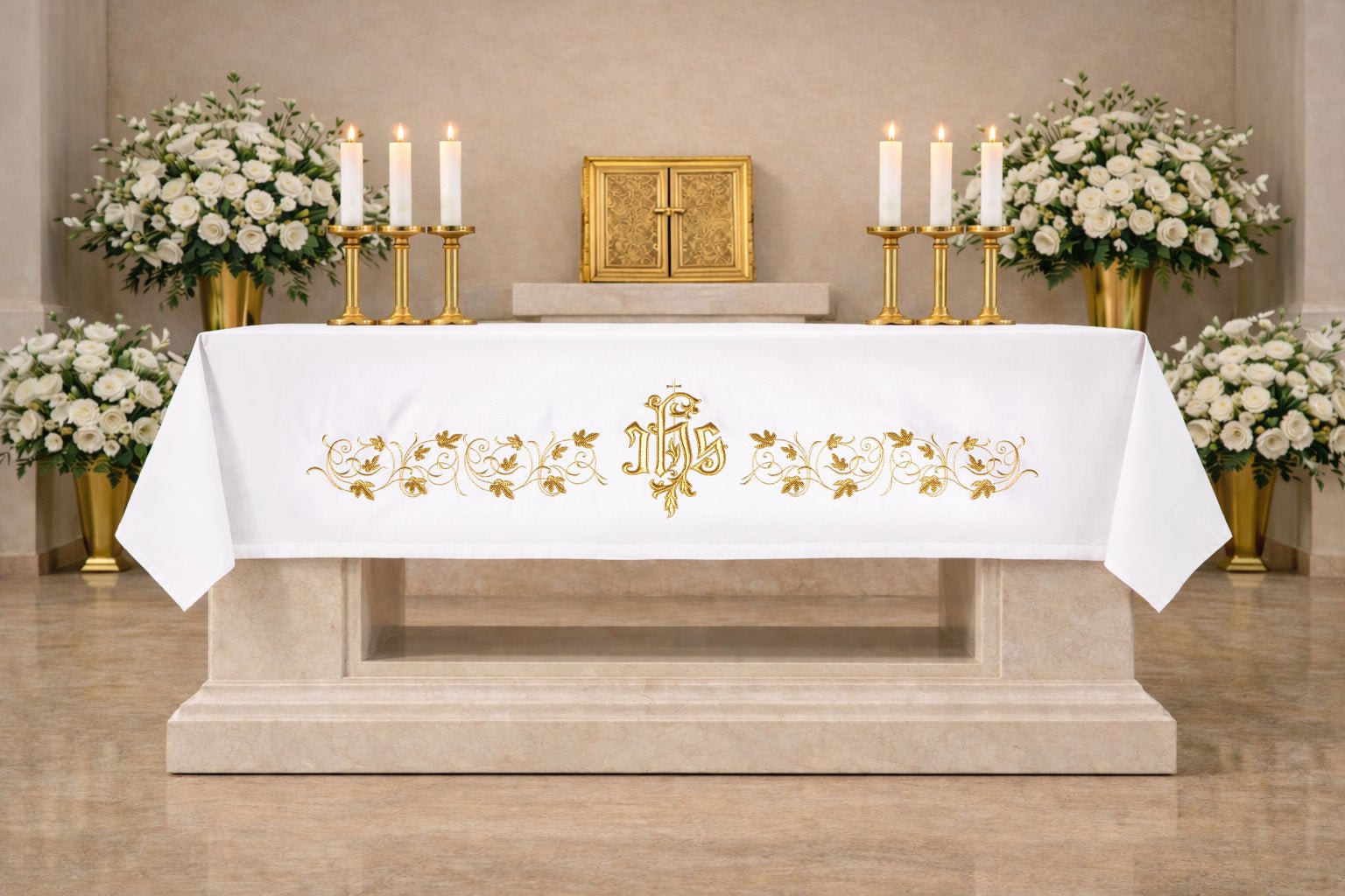 Altar cloth with an embroidered IHS symbol S-8851-04 150*300 - CHASUBLES.COM