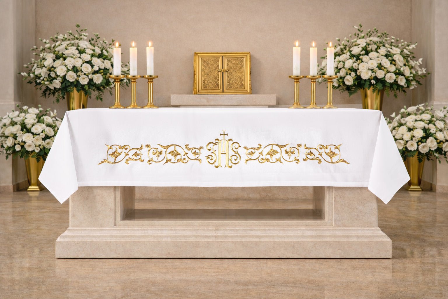 Altar cloth with an embroidered IHS symbol S-8859-04 150*300 - CHASUBLES.COM
