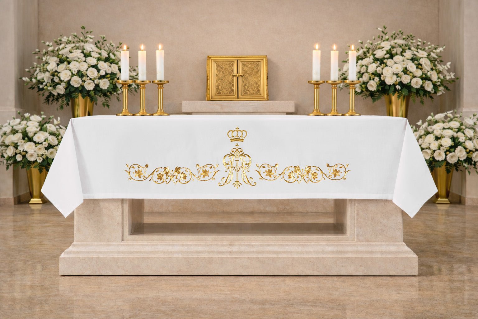 Altar cloth with an embroidered Marian symbol S-8864-04 150*300 - CHASUBLES.COM