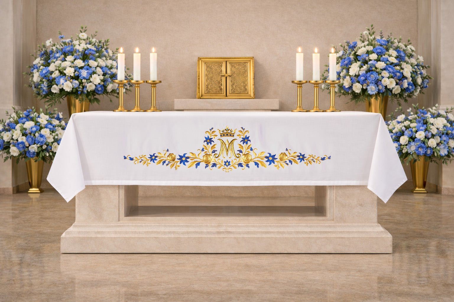 Altar cloth with an embroidered Marian symbol LE/9545/04 150*300 - CHASUBLES.COM