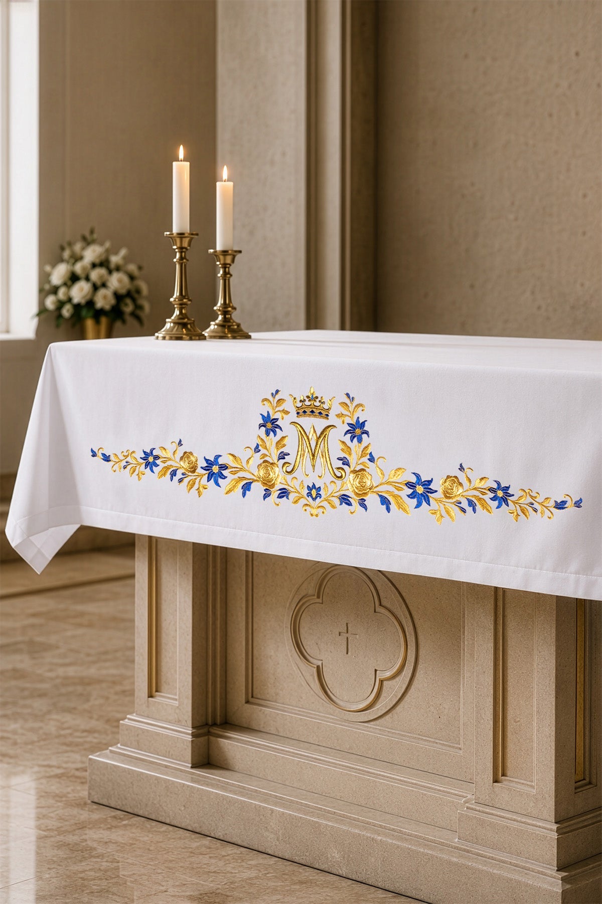 Altar cloth with an embroidered Marian symbol LE/9545/04/21 150*300 - CHASUBLES.COM
