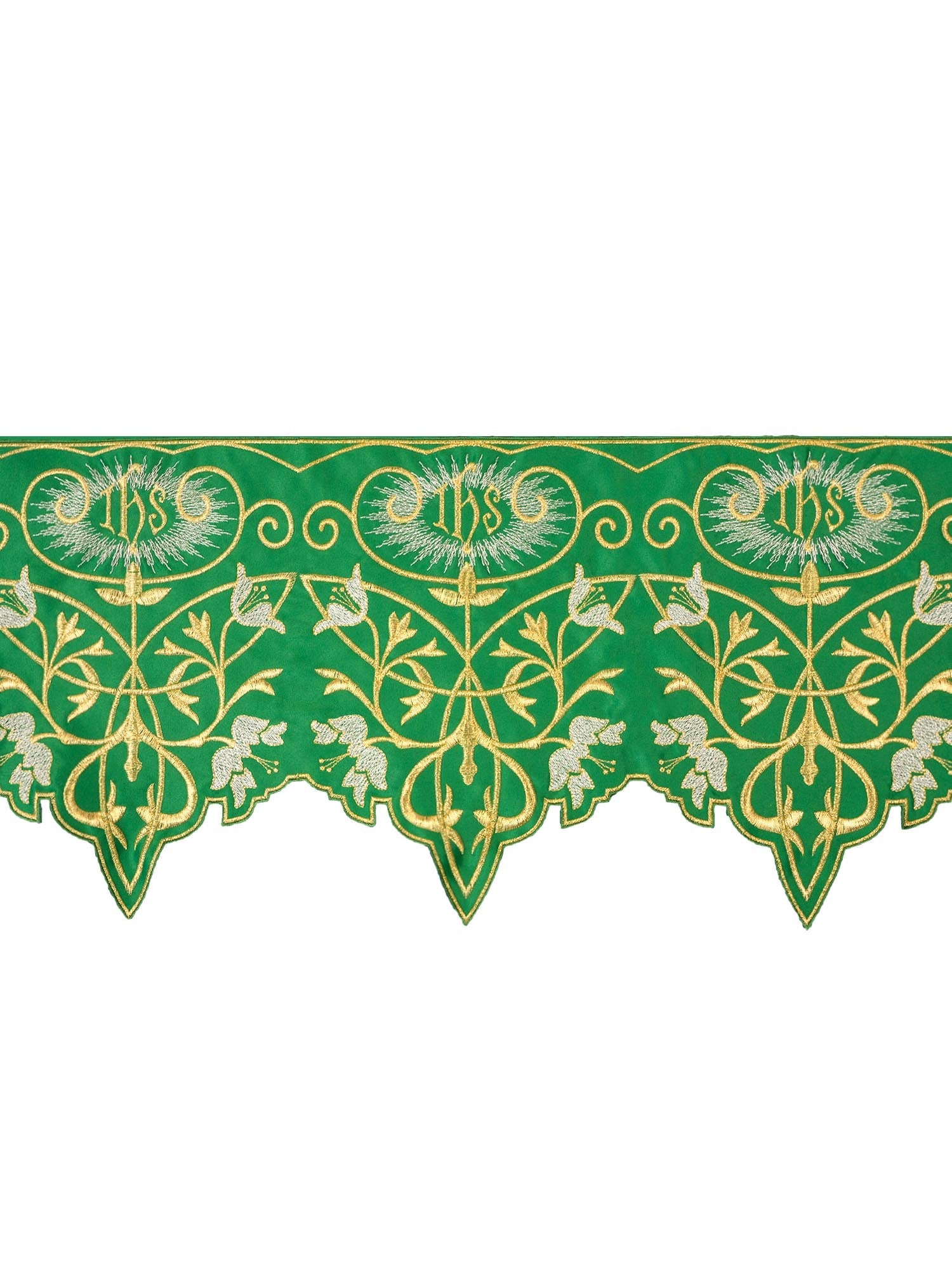 Altar superfrontal in green with gold IHS embroidery KOM/037/01 27cm 3,5m - HAFTINAUSA.COM