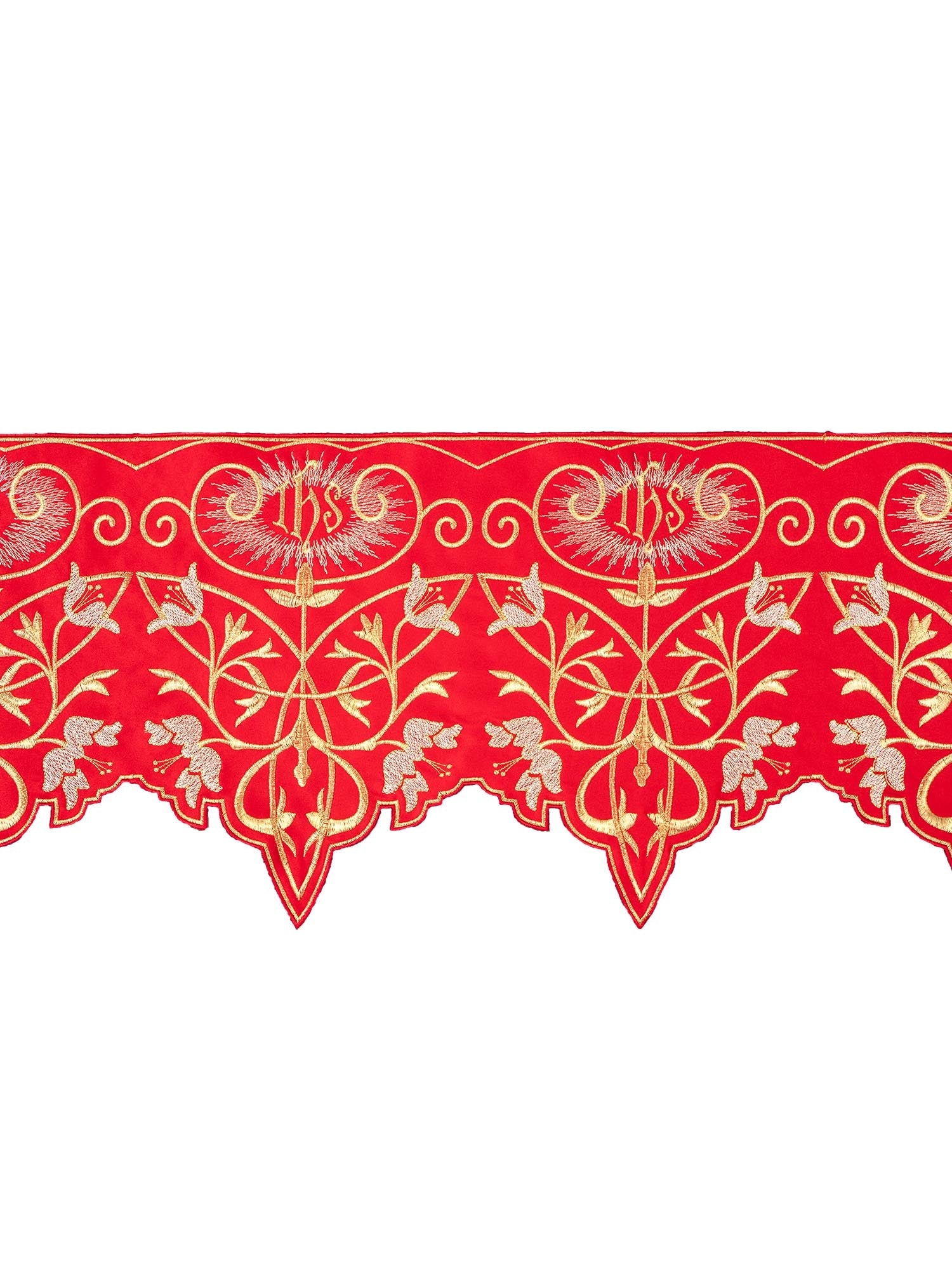 Altar superfrontal in red with gold IHS embroidery KOM/037/02 27cm 3,5m - HAFTINAUSA.COM