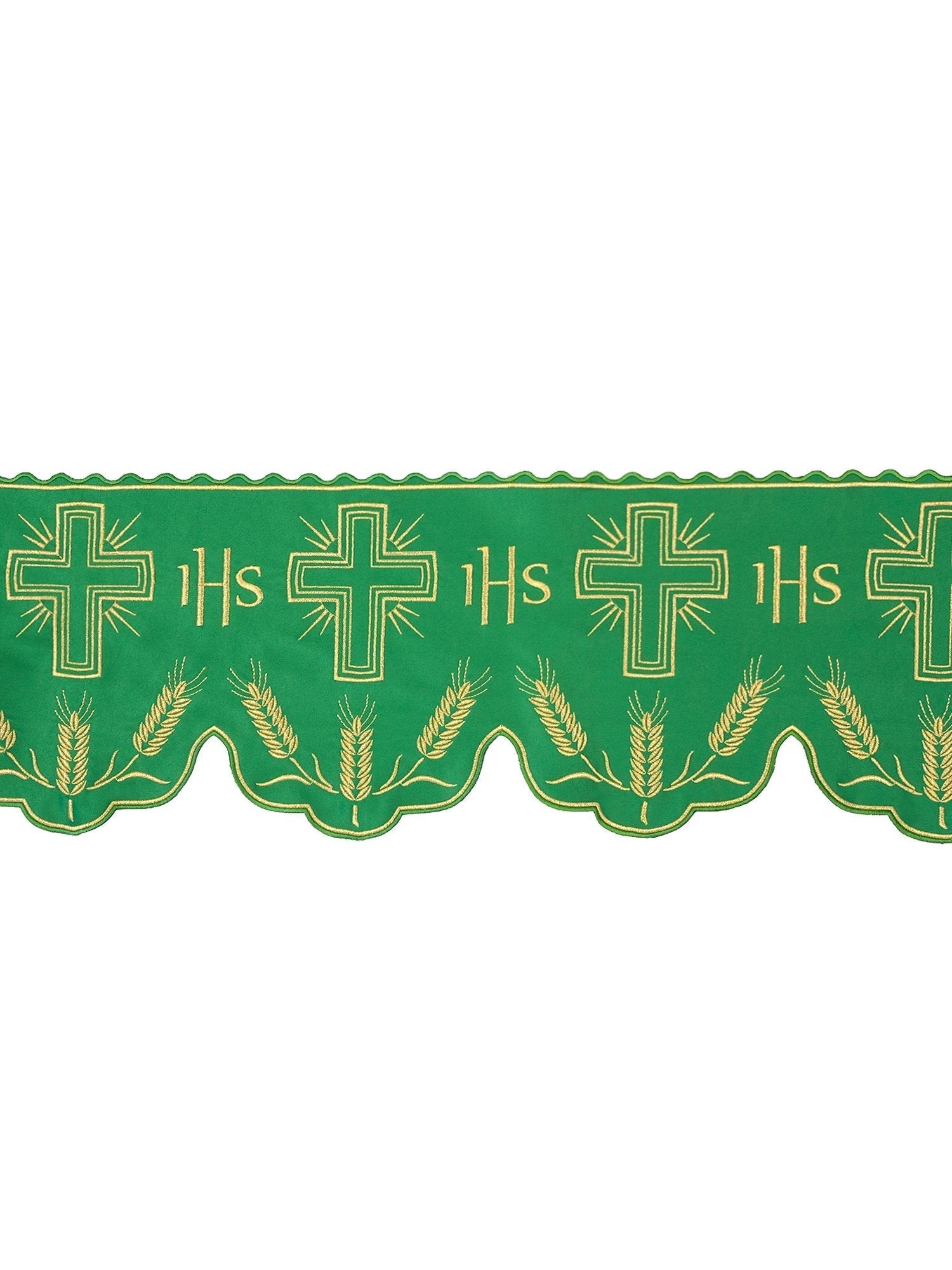 Altar superfrontal trimmings in green with gold IHS and cross embroidery KOM/040/01 20cm 3,5m - HAFTINAUSA.COM