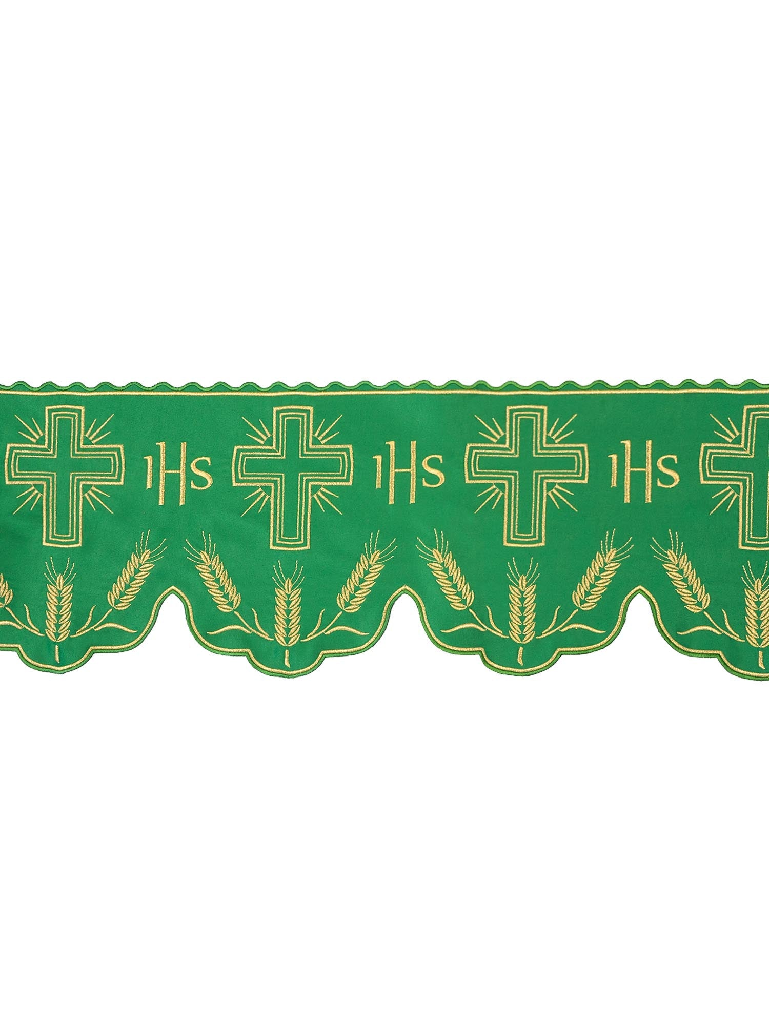 Altar superfrontal trimmings in green with gold IHS and cross embroidery KOM/040/01 20cm 3,5m - HAFTINAUSA.COM