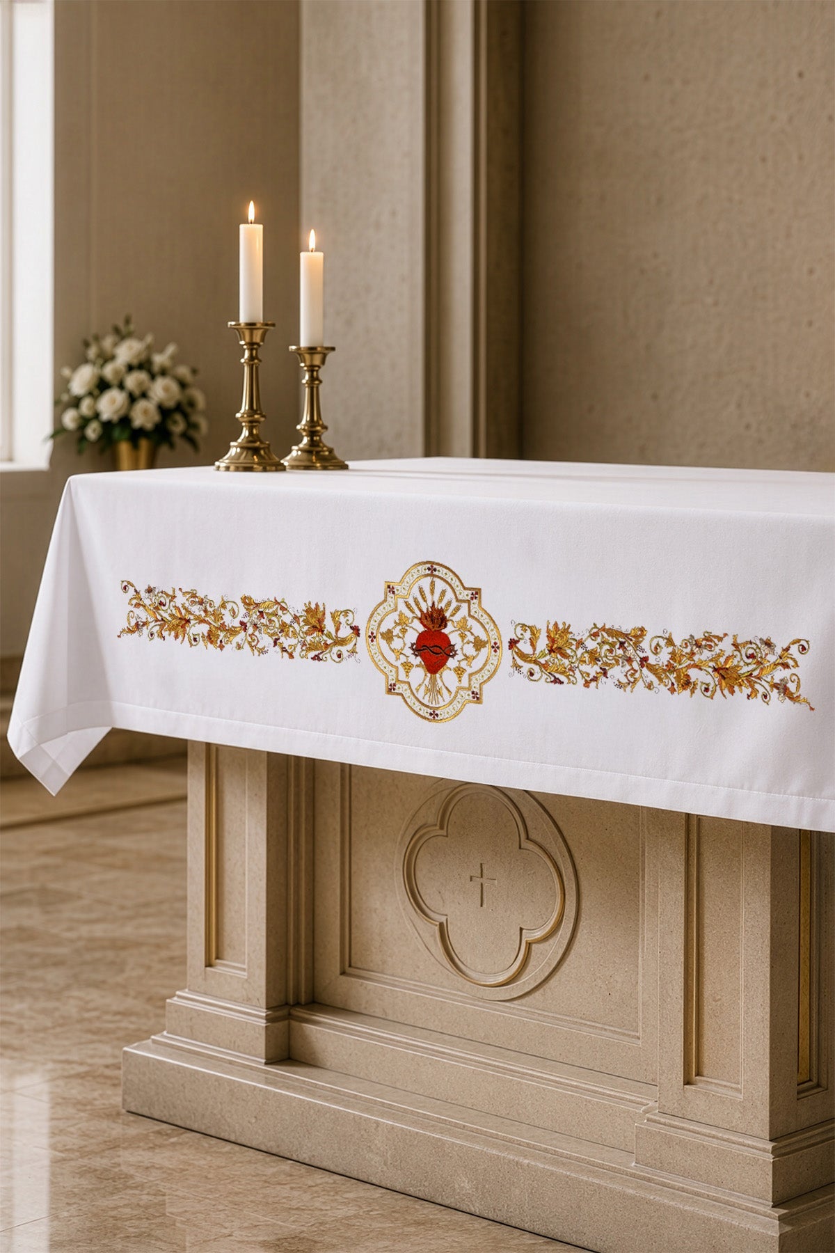 Altar tablecloth with Sacred Heart motif KOH/027 150*300 BIAŁY - CHASUBLES.COM