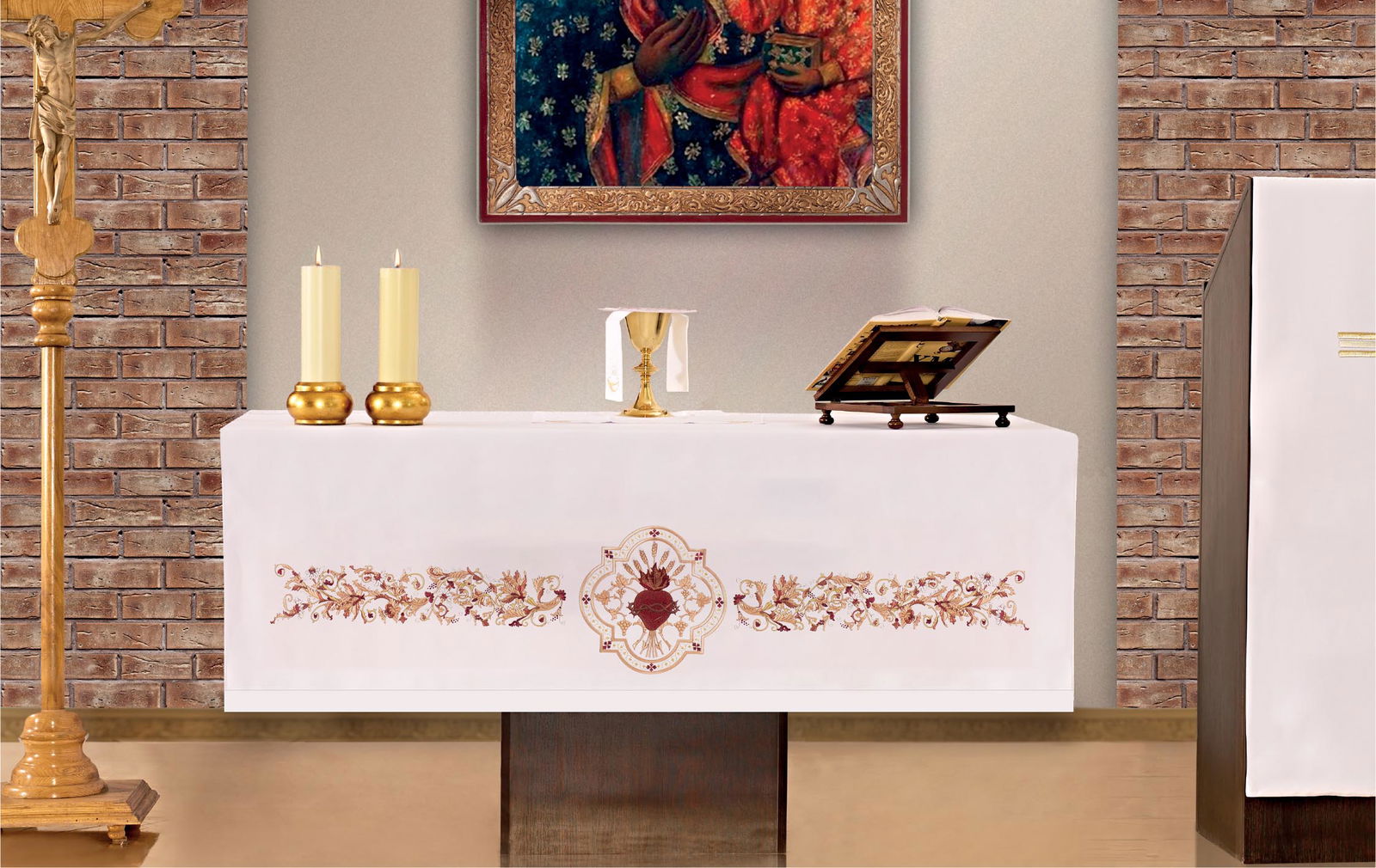 Altar tablecloth with Sacred Heart motif KOH/027 150*300 BIAŁY - HAFTINAUSA.COM